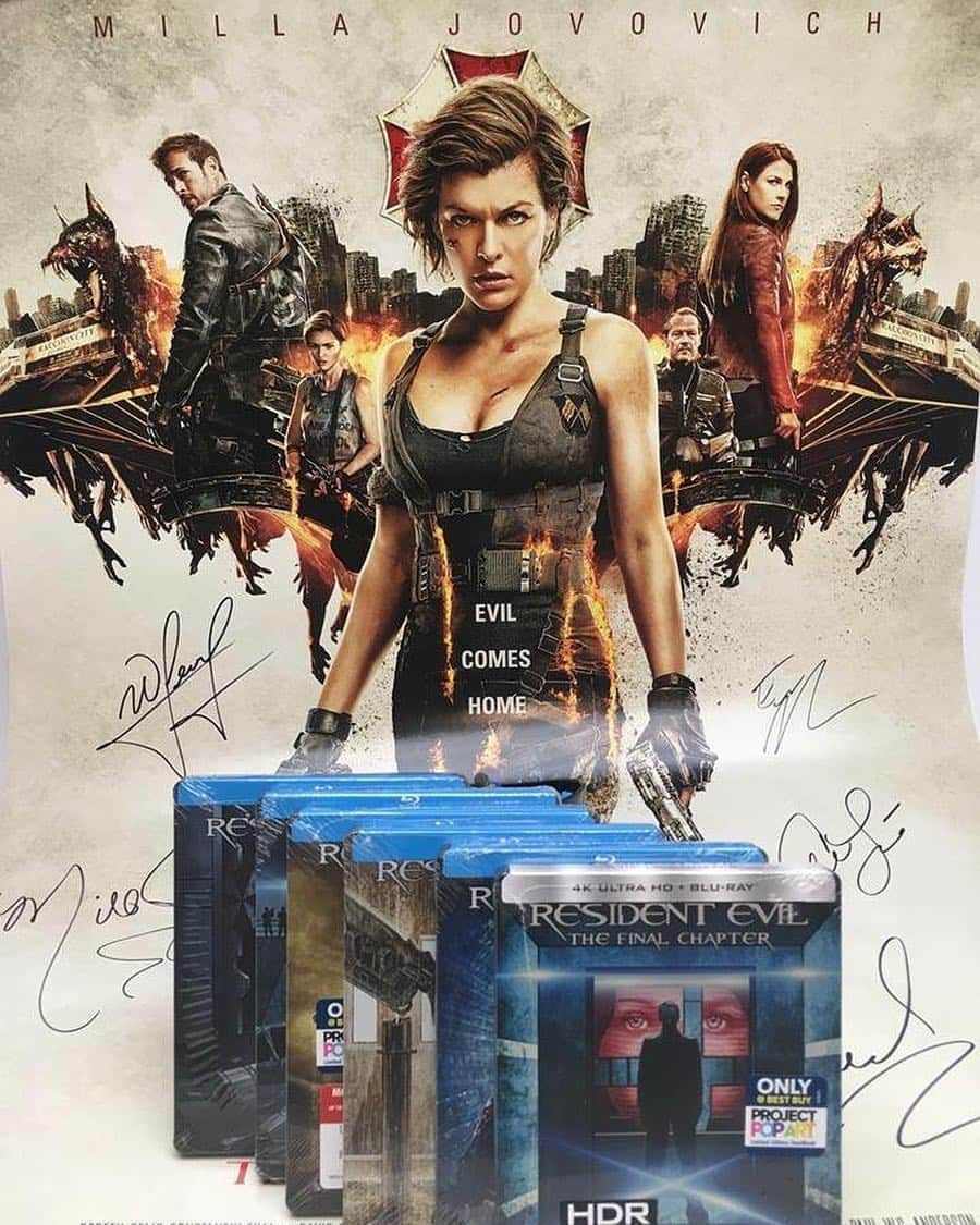 Resident Evilのインスタグラム：「Where would you hang this autographed Resident Evil: Final Chapter poster? Enter in our giveaway of ALL 6 Resident Evil live action films on Steelbook Blu-ray and this poster! Enter here: residentevilgiveaway.com」