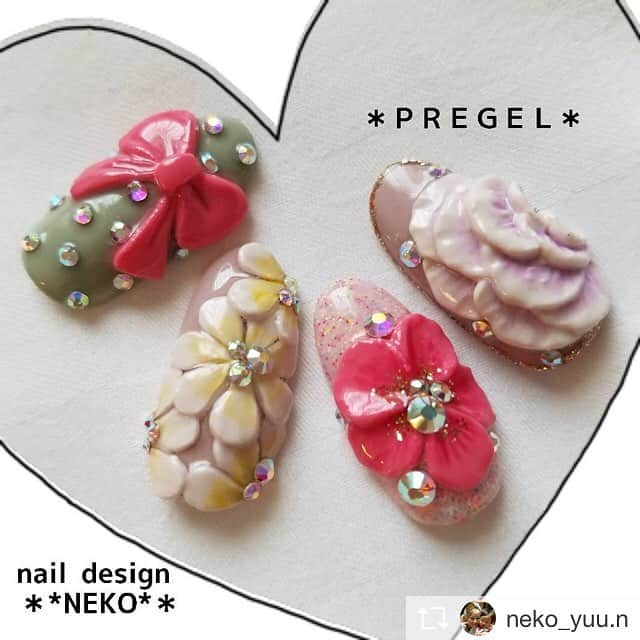 PREGELさんのインスタグラム写真 - (PREGELInstagram)「. NEKO先生デザイン♡ 3Dパウダーを使ったぷっくりフラワーやリボンが可愛いですね( ⁎ᵕᴗᵕ⁎ ) . . Repost from @neko_yuu.n @TopRankRepost #TopRankRepost PREGEL""3D POWDER②"" * 定番のお花やリボン❤ * * ３Ｄパウダーの使用方法やポイント、３Ｄパーツの作り方などなど。 ライフビューティーさんや、各地のＴＡＴさんのセミナーでレクチャーします✨✨ * * #PREGEL#pregel#プリジェル#プリアンファ#3dパウダー#bettygel#ベティジェル#3dネイル#3dアート#エンボス#エンボスネイル#エンボスアート#エンボスフラワー#エンボスリボン#フラワーネイル#花柄ネイル#リボンネイル#かわいいネイル#nail#nailart#美甲#privatenailsalonNEKO#nailistNEKO#pregelofficial」5月25日 9時43分 - pregelofficial