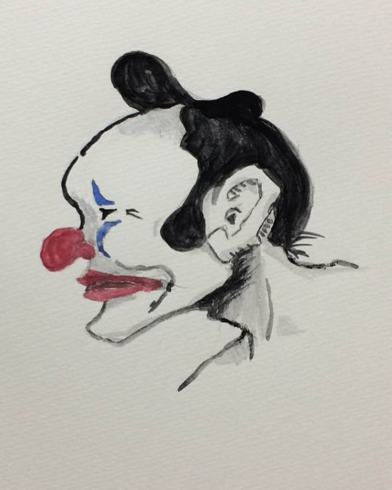 原田桂佑のインスタグラム：「『和pierrot』 #鉛筆画 #ボールペンイラスト #アクリル絵の具 #水彩画 #水墨画 #ピエロ #和 #侍 #ちょんまげ #絵 #アート #スケッチ#俳優 #役者 #illustration #drawing #sketch #pierrot #japan #samurai #art #actor」