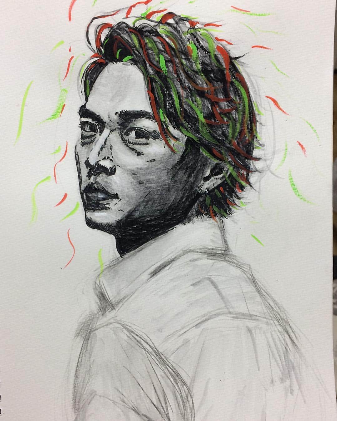 原田桂佑のインスタグラム：「『Yuto Oku(奥ちゃん)』 #鉛筆画 #ボールペンイラスト #アクリル絵の具 #イラスト #デッサン #絵 #人物画 #似顔絵 #スケッチ #アート #役者 #俳優 #イケ家 #奥雄人 #pencildrawing #acrylicpaint #illustration #drawing #sketch #art #portrait #actor」