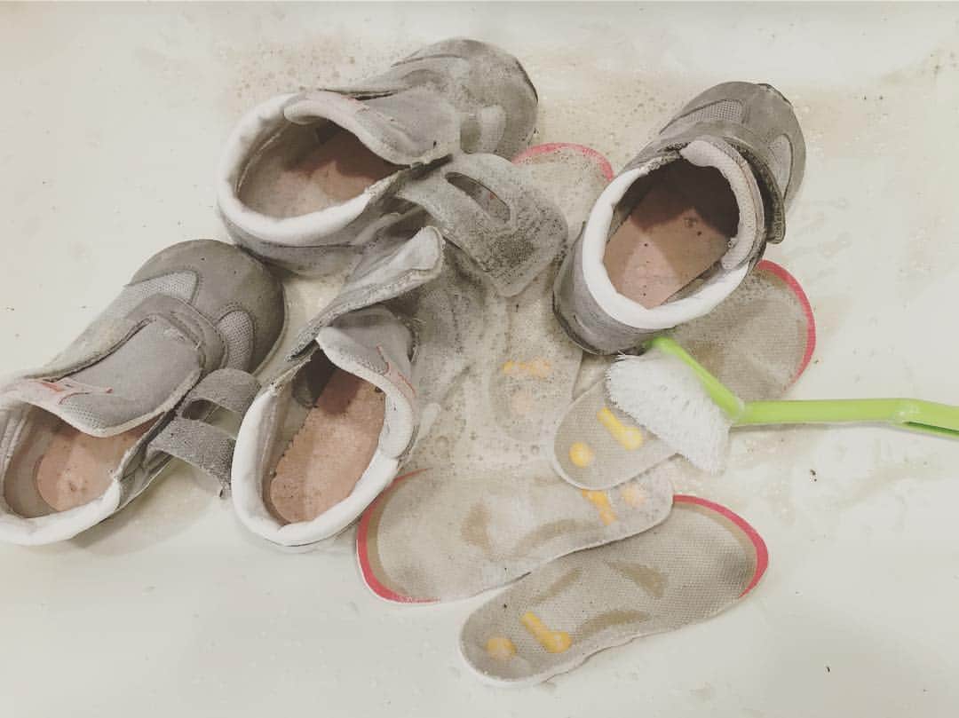 東原亜希さんのインスタグラム写真 - (東原亜希Instagram)「保育園の靴はミズノとミキハウスの。履かせやすくて長女の時から履かせてたなぁ〜  今日は、お散歩で桑の実をたくさん踏んで来たらしく、すごい色で帰って来たので丸洗い。ソールに詰まったツブツブまで気になりだして掻き出す。  しかし4足洗うの、なかなかキツイ。これに小学生チームの上履きのタイミング重なると。。自分でやってもらいます😂  でもすごく汚れるまで遊んで来たんだと思うと洗うのも嬉しい♡のびのび遊べる環境に感謝♡」5月31日 22時45分 - akihigashihara