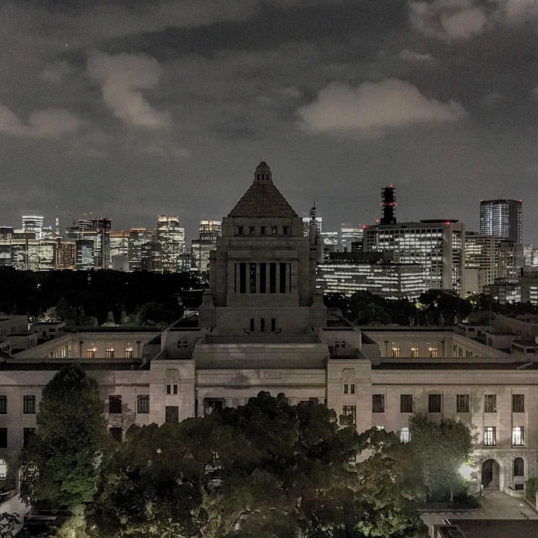 丸山穂高のインスタグラム：「夜の議事堂。仕事が遅くなったときは気分転換に。右奥は霞ヶ関、左奥は皇居とその更に奥に大手町のビル群が見えます。 #国会議事堂 #夜景」