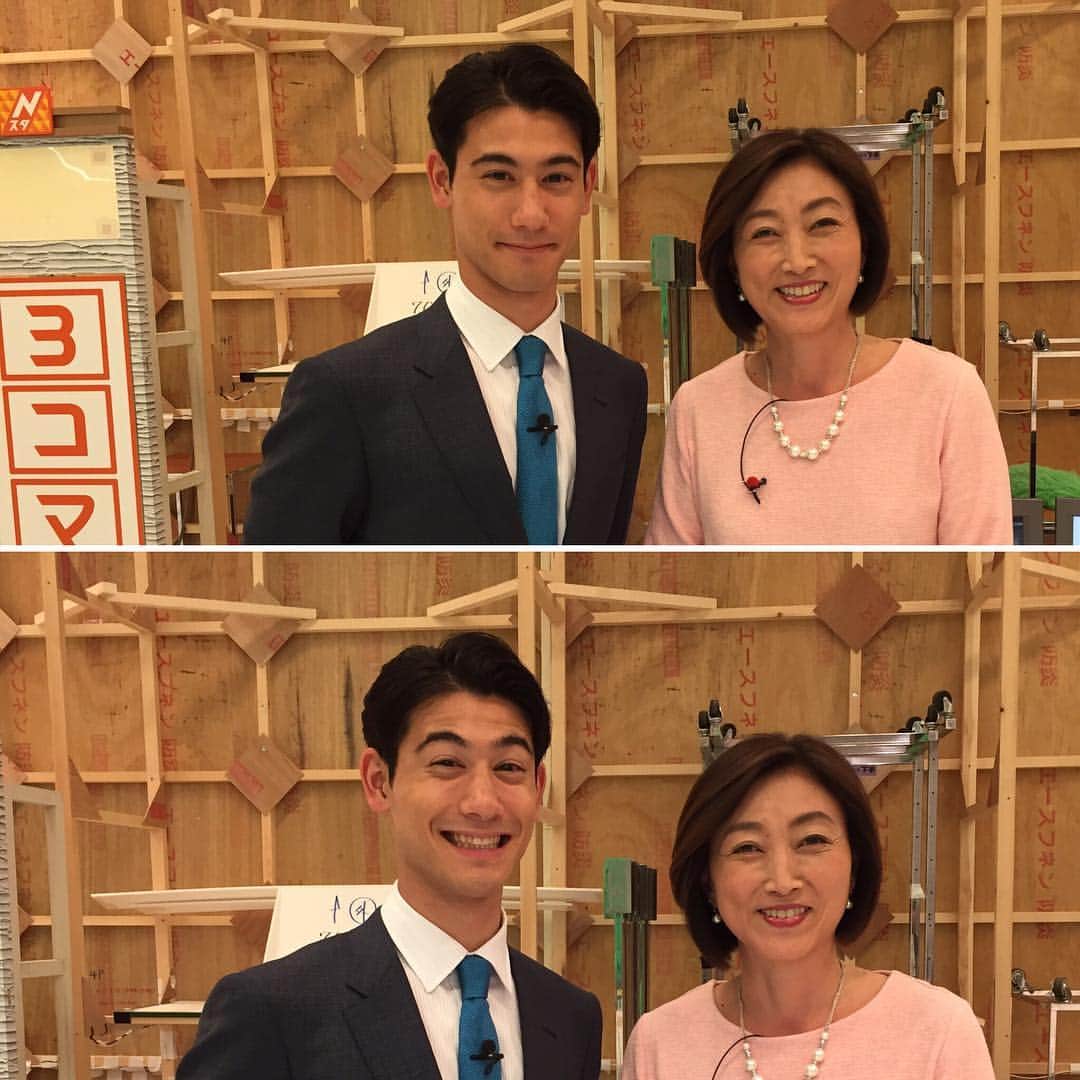 のインスタグラム：「Nスタ出番前のスタジオの裏。(^^) メインキャスターの井上アナがゴゴスマの石井アナと掛け合いのやり取り中に。😊いつもかわいい国山ハセンアナ。なーんか表情の作り方とか歩き方とかウチの18歳の息子に似てるんです。ほら、なんか今日の衣装なんて、入社式に母親来ちゃったみたいな感じ。😅」