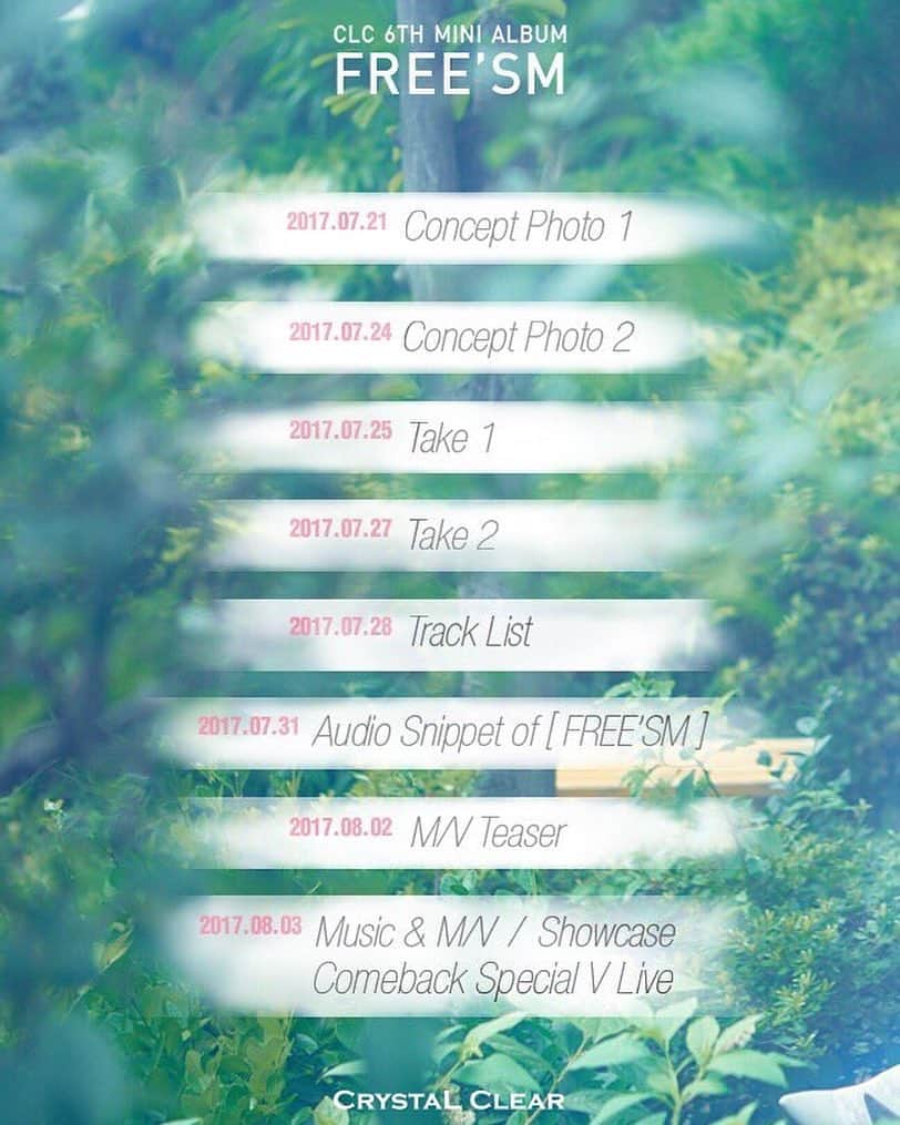 ソンのインスタグラム：「CLC 6th mini album [FREE'SM] Comeback Schedule 2017.08.03 18:00 (KST) Coming soon 💗  #CLC #FREESM #comeback」