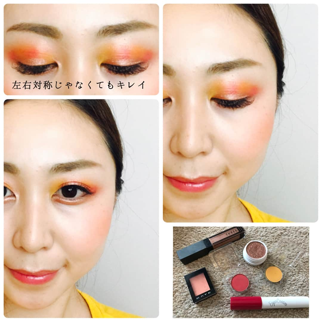 mero！さんのインスタグラム写真 - (mero！Instagram)「カラーポップで、簡単トロピカルグラデーションeye👀🍊🍎🍍 色を交互において、指でぼかすだけで簡単にトロピカルグラデーションeyeができます😄✨ 今回使ったコスメ〜〜 THREE ・ウィスパーグロスフォーアイ01 カラーポップ  SUPER SHOCK SHADOW ・LALA PRESSED POWDER SHADOW ・MAKING MOVES ・TIKI  1枚目の写真❣️ カラーポップのMAKING MOVESとTIKIを交互において指でぼかすだけ！😄 私は、目頭側から目尻側に向かってぼかしてます。目尻はやや跳ね上げみにぼかしてます。 ぼかし具合はお好みで❣️ 2枚目の写真❣️how to 1→①をまぶた全体にぬる。★上に乗せるシャドウが伸ばしやすいようにぬってます。 2→②.③を交互においていきます。 3→指でぼかす！(ぼかし方は1枚目動画参考にしてください) 4→④をアイライン、涙袋にぬる。完成★です！  3枚目の写真❣️ ぼかし方は左右対称じゃなくてもグラデーションなので気になりません😄✨💓左右対称じゃなくてもキレイ✨ですよ〜〜❣️ チークは、オレンジ🍊 KATE プレストチークカラー OR-1 リップは、msh チーク&リップ チェリーピンクを使ってます。  #メイク #make #eye #eyeshadow #eyemake #shadow #アイシャドー #二重 #丸顔 #朝時間 #朝美人 #朝美人アンバサダー #colorpop #カラーポップ #SUPERSHOCKSHADOW  #PRESSEDSHADOW #colorpopme #THREE #ウィスパーグロスフォーアイ #KATE #ケイト #msh #トロピカル #トロピカルアイ #コスメ大好き #SUMMER #夏」7月2日 14時11分 - mero5332