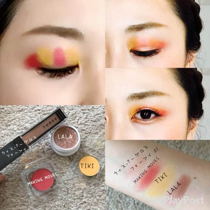 mero！のインスタグラム：「カラーポップで、簡単トロピカルグラデーションeye👀🍊🍎🍍 色を交互において、指でぼかすだけで簡単にトロピカルグラデーションeyeができます😄✨ 今回使ったコスメ〜〜 THREE ・ウィスパーグロスフォーアイ01 カラーポップ  SUPER SHOCK SHADOW ・LALA PRESSED POWDER SHADOW ・MAKING MOVES ・TIKI  1枚目の写真❣️ カラーポップのMAKING MOVESとTIKIを交互において指でぼかすだけ！😄 私は、目頭側から目尻側に向かってぼかしてます。目尻はやや跳ね上げみにぼかしてます。 ぼかし具合はお好みで❣️ 2枚目の写真❣️how to 1→①をまぶた全体にぬる。★上に乗せるシャドウが伸ばしやすいようにぬってます。 2→②.③を交互においていきます。 3→指でぼかす！(ぼかし方は1枚目動画参考にしてください) 4→④をアイライン、涙袋にぬる。完成★です！  3枚目の写真❣️ ぼかし方は左右対称じゃなくてもグラデーションなので気になりません😄✨💓左右対称じゃなくてもキレイ✨ですよ〜〜❣️ チークは、オレンジ🍊 KATE プレストチークカラー OR-1 リップは、msh チーク&リップ チェリーピンクを使ってます。  #メイク #make #eye #eyeshadow #eyemake #shadow #アイシャドー #二重 #丸顔 #朝時間 #朝美人 #朝美人アンバサダー #colorpop #カラーポップ #SUPERSHOCKSHADOW  #PRESSEDSHADOW #colorpopme #THREE #ウィスパーグロスフォーアイ #KATE #ケイト #msh #トロピカル #トロピカルアイ #コスメ大好き #SUMMER #夏」