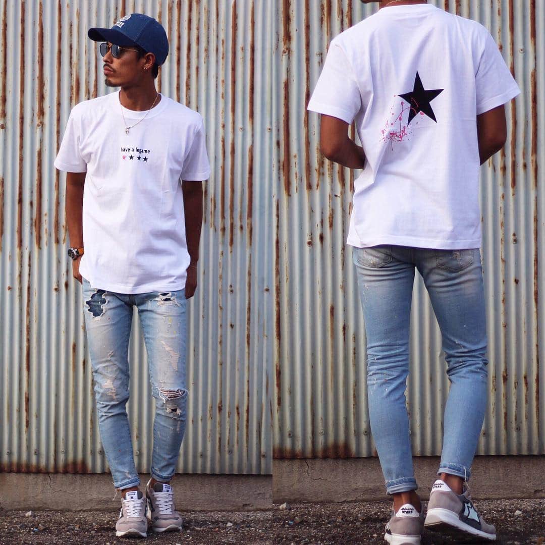 のインスタグラム：「🇺🇸 . . . tops #legamens denim @gracias_grc  shoes #atlanticstars  cap #franklin . . 今日リリースの @legamens_ 新作Tシャツ☆★★★ 個人的にバックプリントのデザインが好きです♡ . . . . AMUYtrysbay事務所として使用するところ 安く契約できそう😊 仲介業者使わず 直接交渉しに行ってきた🤤 #ドケチ根性 . . これでもっと商品も増やせるし セカンドステージ突入です✊🏽 そして @amuytrysbay アカウント 8000人突破ありがとうございます🙏🏾✨」