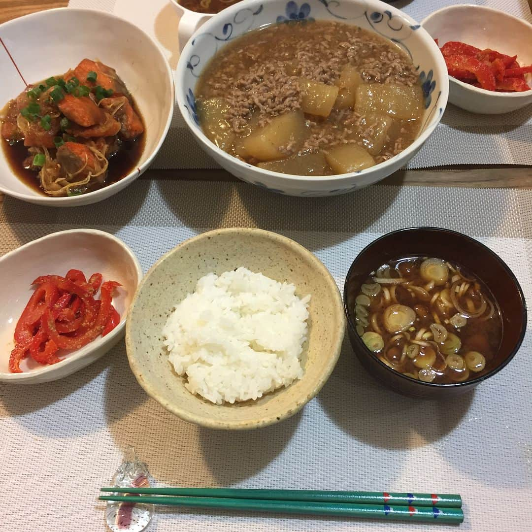 潮田玲子さんのインスタグラム写真 - (潮田玲子Instagram)「まとめて玲子飯。 そろそろ里帰りなので冷蔵庫の中空っぽになるように作りましたー。  #豚こま肉生姜焼き #ヤムウンセン #カブのサラダ #モロヘイヤと山芋 #きんぴら #雑穀米 #野菜味噌汁 2枚目 #鶏の黒酢煮 #サラダマカロニ #きんぴら 三枚目 #鮭の南蛮漬けづけ #豚ひき肉と大根煮物 #パプリカの胡麻和え #玲子飯」7月6日 21時31分 - reikoshiota_official