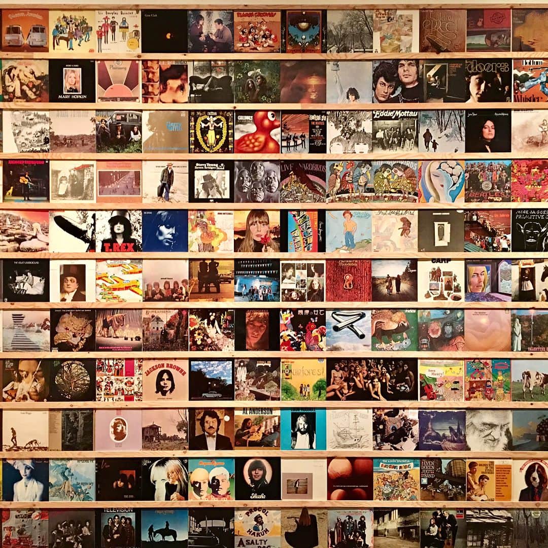 奈良美智のインスタグラム：「showing over 300 record covers (end of 60's ~ middle of 70's) on the wall of the 1st room. I learned many art things from them before starting to study art.」