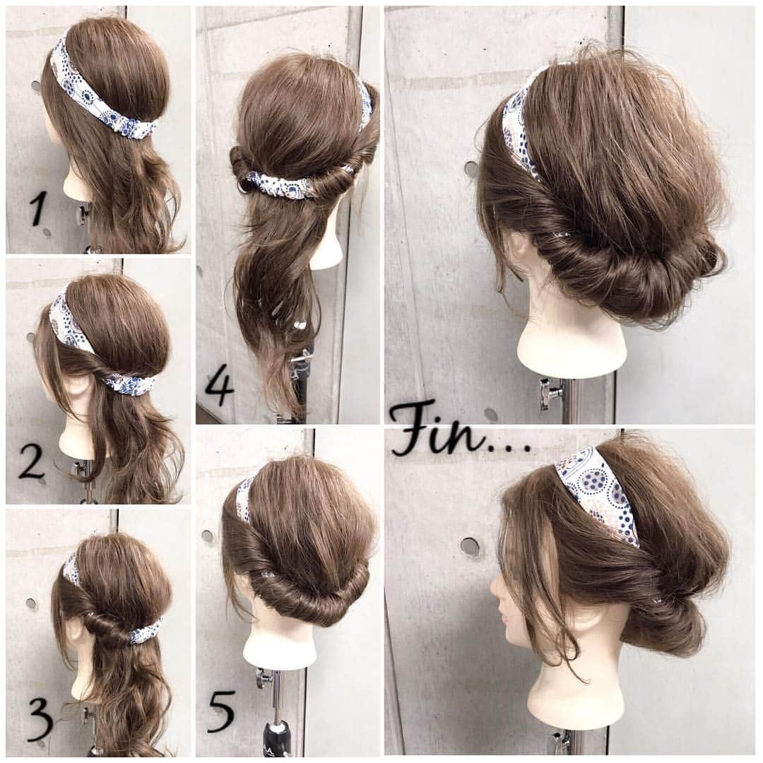 東海林翔太のインスタグラム：「簡単で可愛い🎵自分でできるヘアアレンジ✨ ・ ＊超簡単＊ピン・ゴム要らずのスカーフを使った、カジュアルギブソンタックStyle🎀 ・ ■画像をスライドしてそれぞれの工程を見やすくしました☆ 1.スカーフを頭の上からかぶせます。 2.サイドの毛からスカーフに巻きつけていきます 3.全て巻き込んだ状態。 4.逆サイドも同じように巻きつけます。 5.バックの毛束も毛先から少しづつターバンに巻きつけていきます。 Fin.おくれ毛を巻いて、全体をほぐして完成🎀 ・ ＊アレンジリクエストお待ちしてます＊ ・ 吉祥寺 LinobyU-REALM リノバイユーレルム 📞0422272131 東海林翔太 ★ご予約はDMからも気軽にお待ちしてます★  #Shotarange#linobyurealm#リノバイユーレルム#吉祥寺#吉祥寺美容室#吉祥寺ヘアサロン#美容師#hairsalon#hair#hairstyle#ヘアスタイル#ヘアカタ#ヘアカタログ#サロモ#サロンモデル#ヘアセット#ヘアアレンジ#アレンジ#アレンジ解説#セルフアレンジ#くるりんぱ#mery#ロカリ#ロカリヘアアレンジ#Locari#簡単ヘアアレンジ#hairarrange#JHP#ギブソンタック」