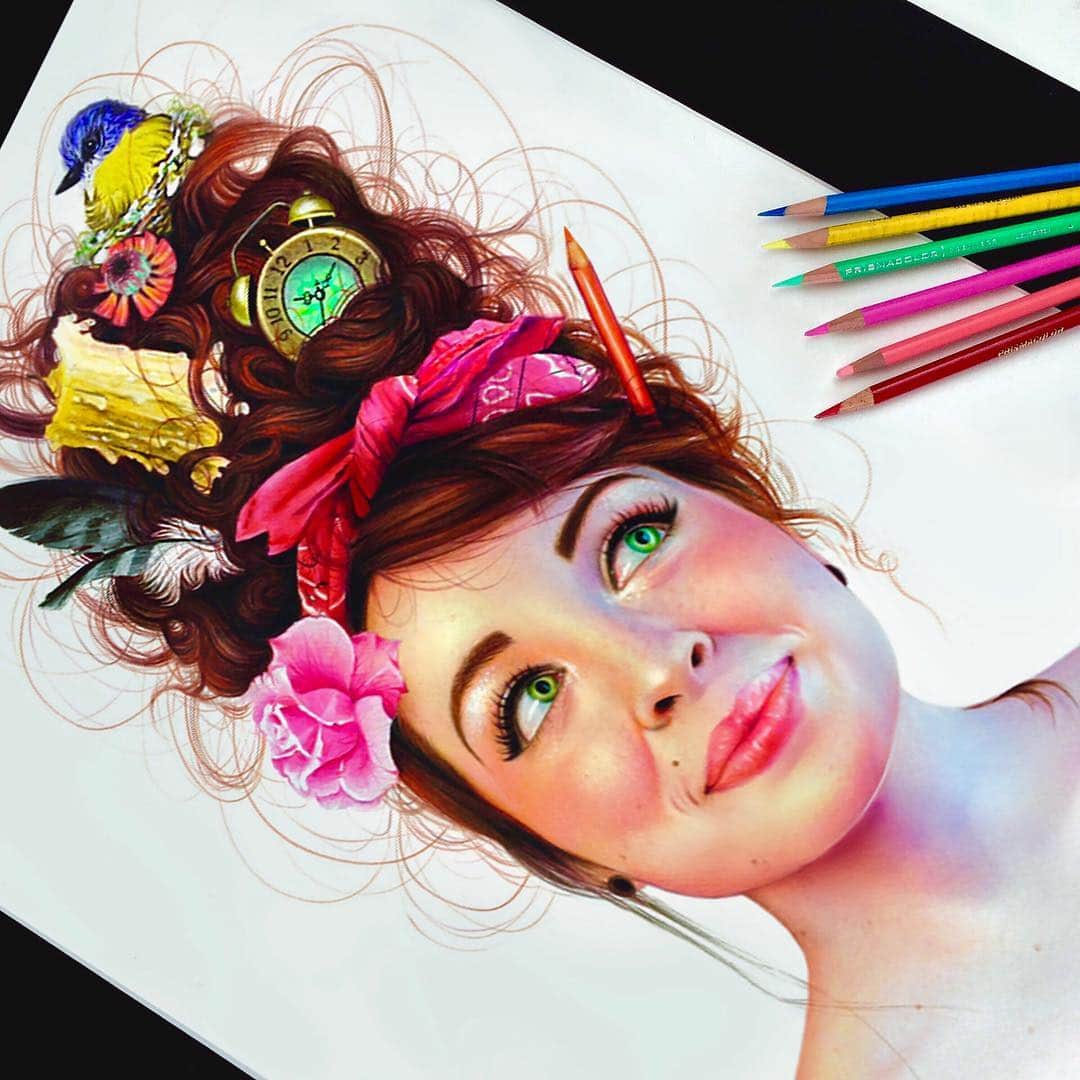 Morgan Davidsonのインスタグラム：「Posting this old colored pencil self portrait while I'm desperately wanting to draw a portrait again! 😩 I'll be posting a new drawing soon, but up next will definitely be a portrait! Anything fun you guys would like to see in a fantasy portrait? 💕 I'm thinking an iridescent effect would be nice. Let me know what you think below! 💃 I hope everyone has a great week!」