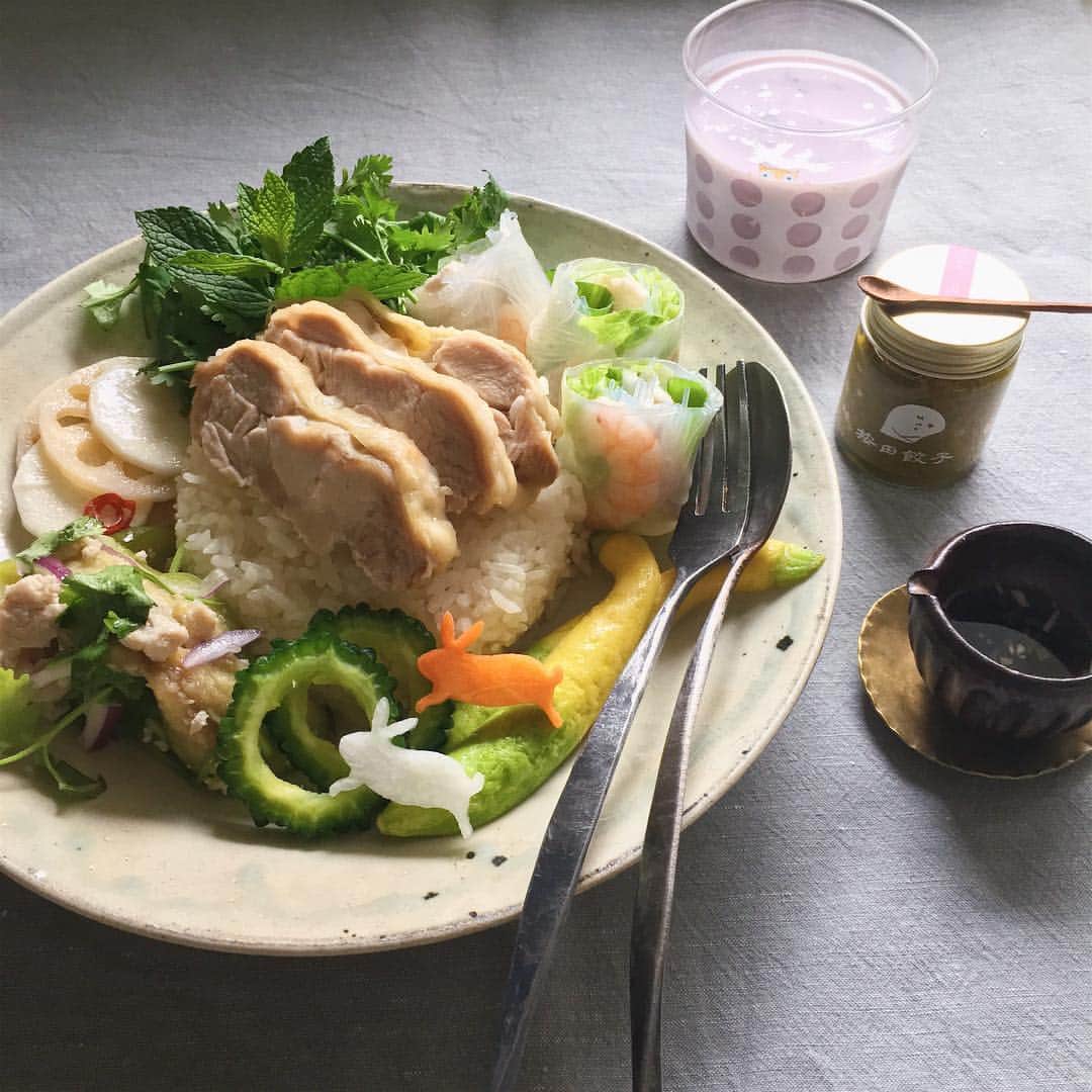 akoのインスタグラム：「Today's lunch. 頂き物の草soさんのプリンセスサリーで カオマンガイランチでした 途中から按田餃子の味の要で さらに遠くの国へ * 今月もよろしくお願いします☺︎ * カオマンガイ 蒸し茄子のサラダ 長芋と蓮根のナムル 生春巻き 焼きズッキーニ ゴーヤの塩もみ」