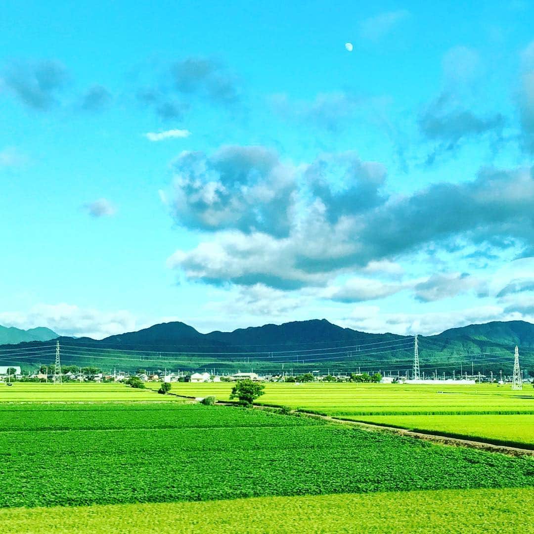 丸山穂高のインスタグラム：「新幹線で移動中。書類に目を通す最中、ふと窓の外に目を向けて。飛行機で見る景色とはまた異なる、日本の風景がそこに。広がる田畑に青々とした山、月もまた美しく。 #新幹線の車窓から #田園風景」
