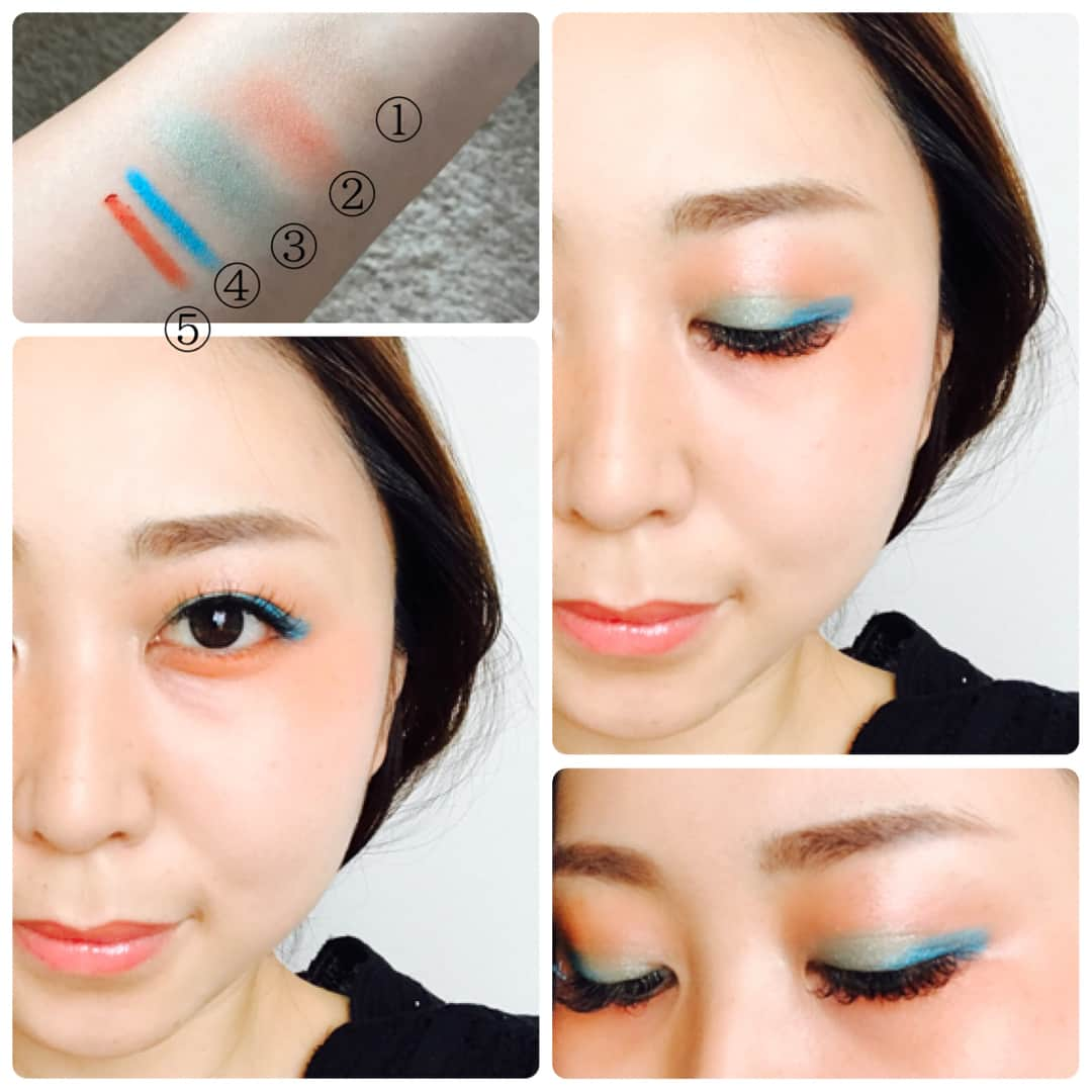 mero！さんのインスタグラム写真 - (mero！Instagram)「summer🐠eye👀☀️ オレンジ🍊×スカイブルー🐠で涼しげeye👀  eye👀☀️🐠 ①THREE ウイスパーグロスフォーアイ01 ②マリブビューティアイシャドウパレット55色 ③カラーポップ BANANA DAIQUIRI ④SEPHORA colorful shadow&liner 11 Turquoise ⑤エチュードハウス ブレンディングペンシル ベルベット #19  オレンジ🍊とスカイブルー🐠の相性が良くてsummer☀️にオススメなカラーの組み合わせです！ how to💫は次回投稿します！😊💓 最近、オレンジ🍊チークを使うことが多いです！個人的にオレンジ🍊が好き💓 チークもオレンジ🍊グラデーションですることが多いので紹介します💓  ①sugao スフレ感チーク&リップ いきいきオレンジ ②キャンメイク パウダーチークスPW16  1→①を頬上全体にぬる。 ★目の下あたり 2→②を目尻下にいれる。  単体で使うより、オレンジ🍊感が出ます！ そして、私は目尻にシミがあるので…グラデーションして目尻濃ゆくすることでシミも多少目立たなくなるので良くやってます💓😊 少し前ですが、ERA(イラ)さんにインタビューしていただき記事にしてもらってます😊💓 プライベートのことも記事にしてもらってるので是非見てください💓✨ ERAさんありがとうございました💓🙏 #メイク #make #eye #eyeshadow #eyemake #shadow #アイシャドー #二重 #丸顔 #朝時間 #朝美人 #朝美人アンバサダー #プチプラ #プチプラコスメ #キャンメイク #CANMAKE #sugao #スガオ #エチュードハウス #カラーポップ #colorpop #colorpopme #マリブビューティ #シャドウパレット #THREE #summer #カラフル #夏 #夏メイク」8月8日 7時09分 - mero5332