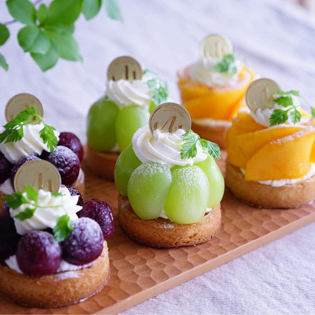 mamiのインスタグラム：「Fruit tart ( Bing cherry・Shine muscat・Mango )． 『 フルーツタルト 』． ． ． 久しぶりにスイーツ作りました☺． 夏は暑くて ダラけてしまい 作る気にもならずでしたが 昨日の夜ヤル気モードが入り 生地を焼き そして先ほど飾り付け♡ ． ． ． お配りして食べてもらいましょう♩． ． ．」