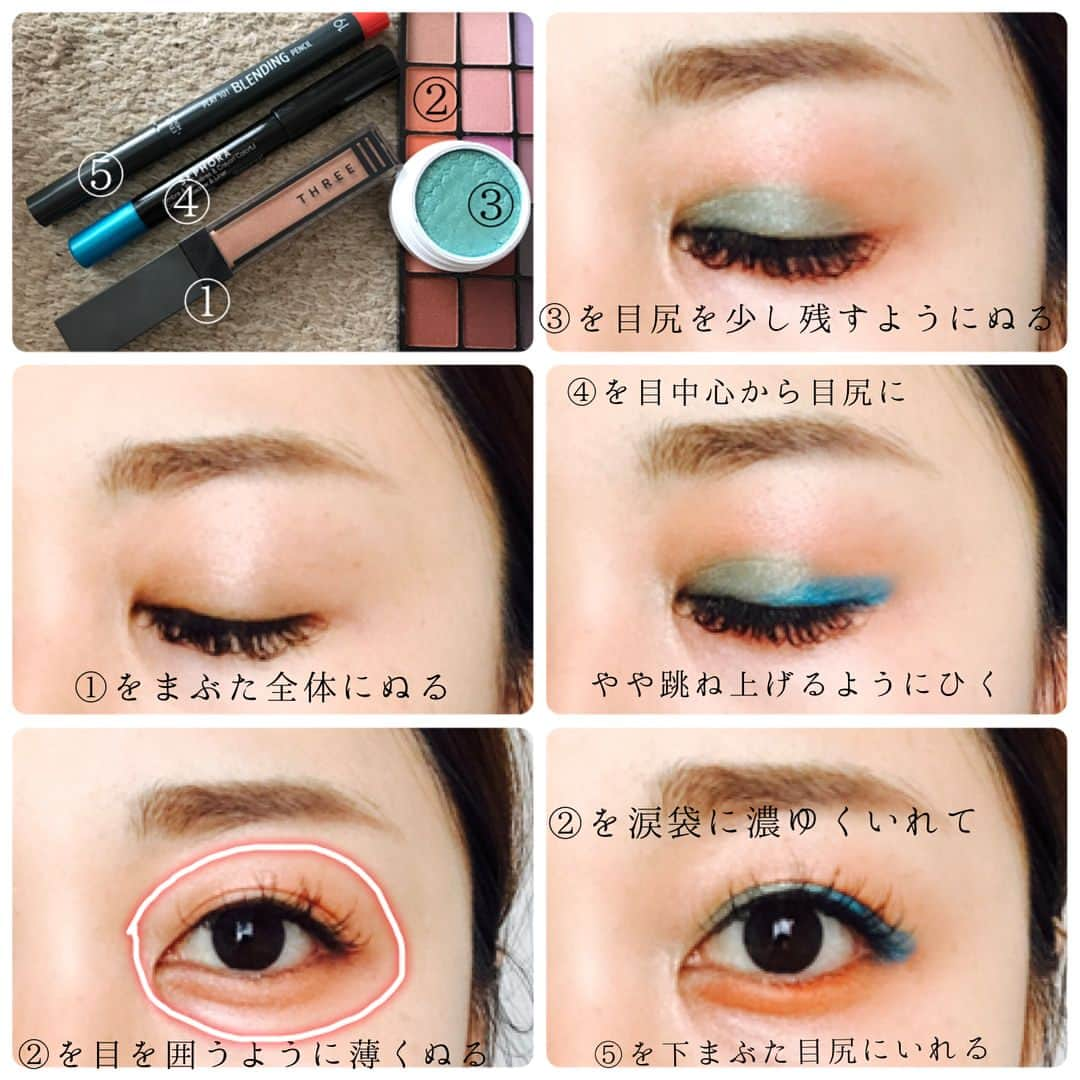 mero！さんのインスタグラム写真 - (mero！Instagram)「summer🐠eye👀☀️ オレンジ🍊×スカイブルー🐠で涼しげeye👀 遅くなりましたがhow to💫投稿です😊💓 eye👀☀️🐠 ①THREE ウイスパーグロスフォーアイ01 ②マリブビューティアイシャドウパレット55色 ③カラーポップ BANANA DAIQUIRI ④SEPHORA colorful shadow&liner 11 Turquoise ⑤エチュードハウス ブレンディングペンシル ベルベット #19  1→①をまぶた全体にぬる。 2→②を目を囲うように薄くぬる。 3→③を二重幅にぬる。★全体に塗らず目尻は少し残して！ 4→④を目中心から、目尻ぬる。★やや目尻跳ね上げぎみに！ 5→②を涙袋に濃ゆくぬる。 6→⑤を下まぶた目尻にいれる。★下まぶたインサイドぎみに！  2枚目💫 美容師さんに撮ってもらった写真💓オレンジ🍊が好きなのでオレンジ系の髪色にしてもらいました😊💓 オレンジ系🍊の髪色にスカイブルーeye👀🐠が相性良くて気に入ってます💓  #メイク #make #eye #eyeshadow #eyemake #shadow #アイシャドー #二重 #丸顔 #朝時間 #朝美人 #朝美人アンバサダー #プチプラ #プチプラコスメ #エチュードハウス #カラーポップ #colorpop #colorpopme #マリブビューティ #シャドウパレット #THREE #summer #カラフル #夏 #夏メイク #オレンジ #orange」8月28日 13時57分 - mero5332