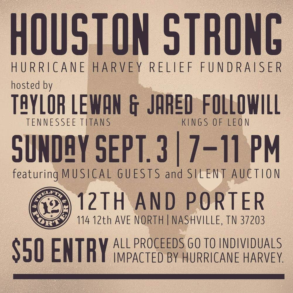 ジャレッド・フォロウィルのインスタグラム：「Having a fundraiser Sunday. A fun drink and hang with a ton of cool people. A major silent auction with some really badass items. It's gonna be fun and the tickets will go quick. All proceeds go to Houston flood victims. All of the work and thought put into this came from @taylingallacher and @marthafollowill. @taylorlewan and I are very lucky guys. Come out for this fundrager. Link in bio.」