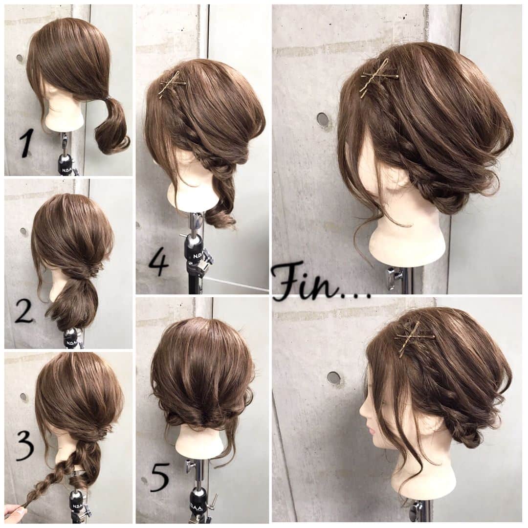 のインスタグラム：「簡単で可愛い🎵自分でできるヘアアレンジ✨ ・ ＊ハロウィンアレンジ＊不器用さんでも簡単ねじり編みStyle🎀 ・ ■画像をスライドしてそれぞれの工程を見やすくしました☆ ゴム1本ゴールドピン4本 1.おくれ毛を残してうしろで１つに結びます 2.結んだ毛束をくるりんぱ。適度にほぐします。 3.毛束を2つに分け、さらに2つに分け、ねじりながら重ねていきます。適度にほぐします。 4.ねじった毛束を耳上を通って沿わせて前髪のよこらへんにピンをクロスさせて留めます。 5.反対側も同様にねじって重ねた毛束を沿わせてピンをクロスさせて留めます。 Fin.おくれ毛を巻いて、全体をほぐしたら完成🎀 ・ ＊アレンジリクエストお待ちしてます＊ ・ 吉祥寺 LinobyU-REALM リノバイユーレルム 📞0422272131 東海林翔太 ★ご予約はDMからも気軽にお待ちしてます★  #Shotarange#linobyurealm#リノバイユーレルム#吉祥寺#吉祥寺美容室#吉祥寺ヘアサロン#美容師#hairsalon#hair#hairstyle#ヘアスタイル#ヘアカタ#ヘアカタログ#サロモ#サロンモデル#ヘアセット#ヘアアレンジ#アレンジ#アレンジ解説#セルフアレンジ#くるりんぱ#mery#ロカリ#ロカリヘアアレンジ#Locari#簡単ヘアアレンジ#hairarrange#JHP#ハロウィン #インスタ映え」