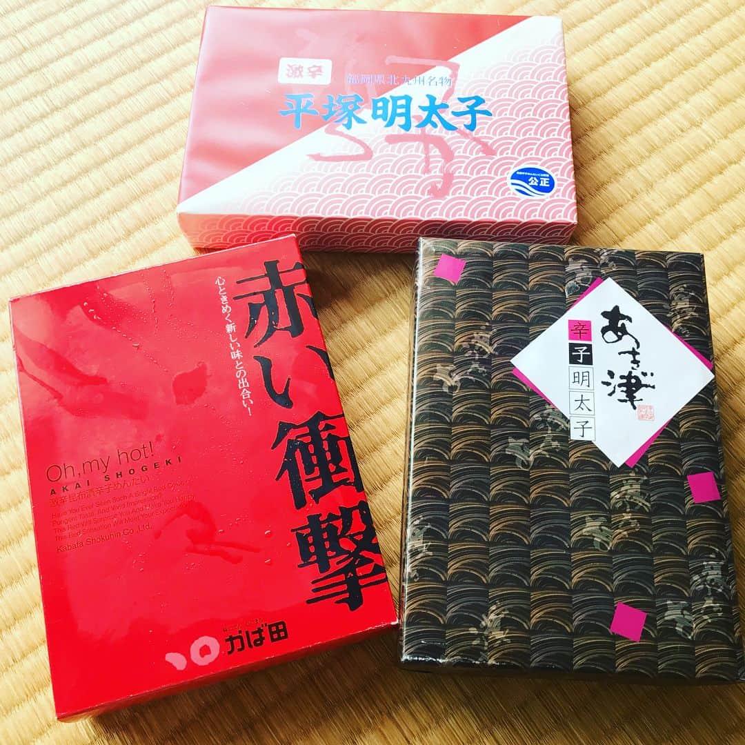 澤田南のインスタグラム：「今夜くらべてみます、明太子。 こんな時だからこそ刺激物🤕💞 #赤い衝撃 #心ときめく新しい味との出会い #ohmyhot #あき津 #平塚明太子 #激辛 #明太子 #福岡 #今の唯一の楽しみ #食 #グルメ #お見舞い #美味しいものたくさん #ありがとうございます🙏  #わんこも興味津々」