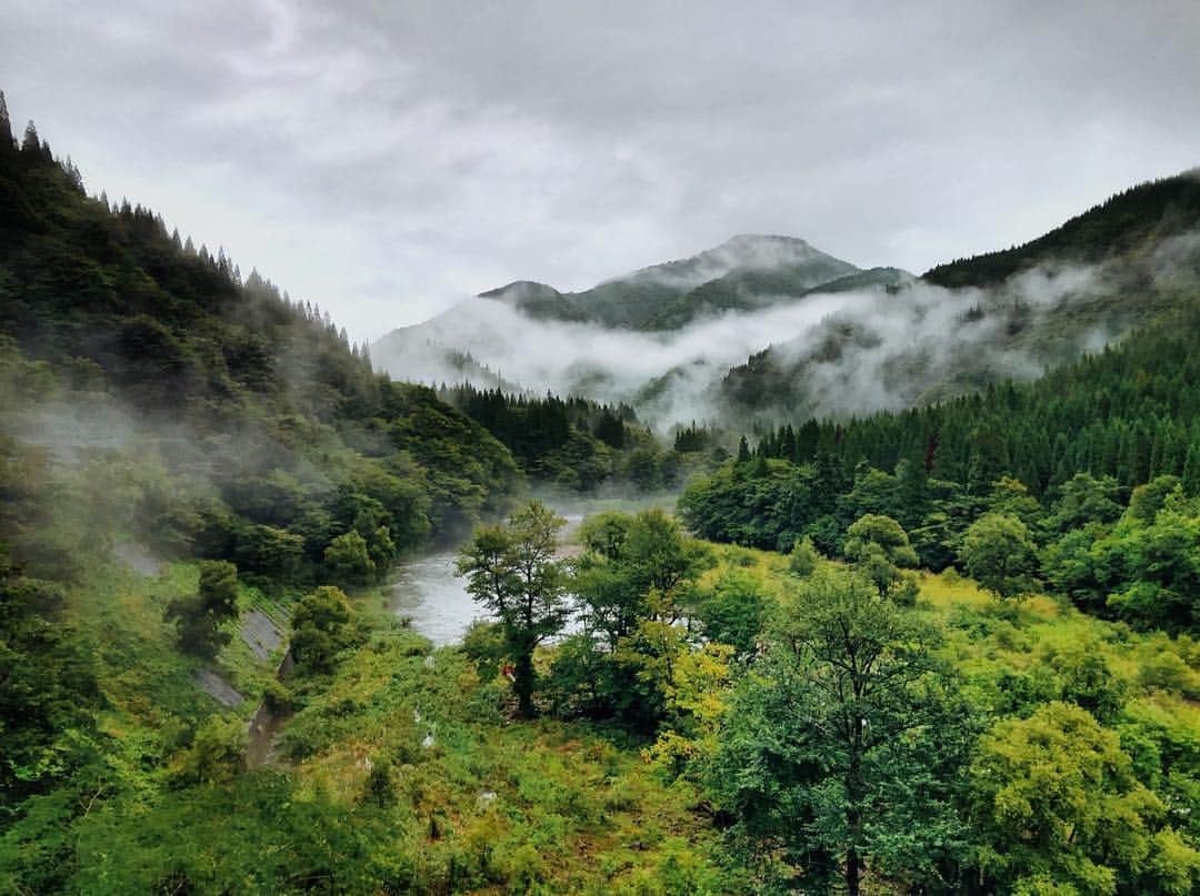 ケビン・シストロムのインスタグラム：「Today I rode 100mi in rural Japan through forests and in canyons along rivers. About half way in we turned a corner and saw this! Japan may be one of the most beautiful places on earth—especially when it's pouring rain 🇯🇵」