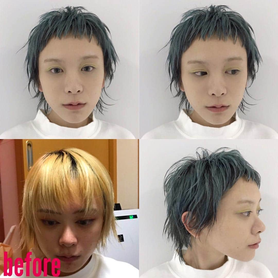 内田聡一郎さんのインスタグラム写真 内田聡一郎instagram ヘアショーsense17でのモデルビフォーアフター 襟足を残した ベリーショートウルフ ブルーグリーンのカラーに顔まわりはローライト Vetica Sense17 ヘアショー Hairshow 福井 彦田 美容師