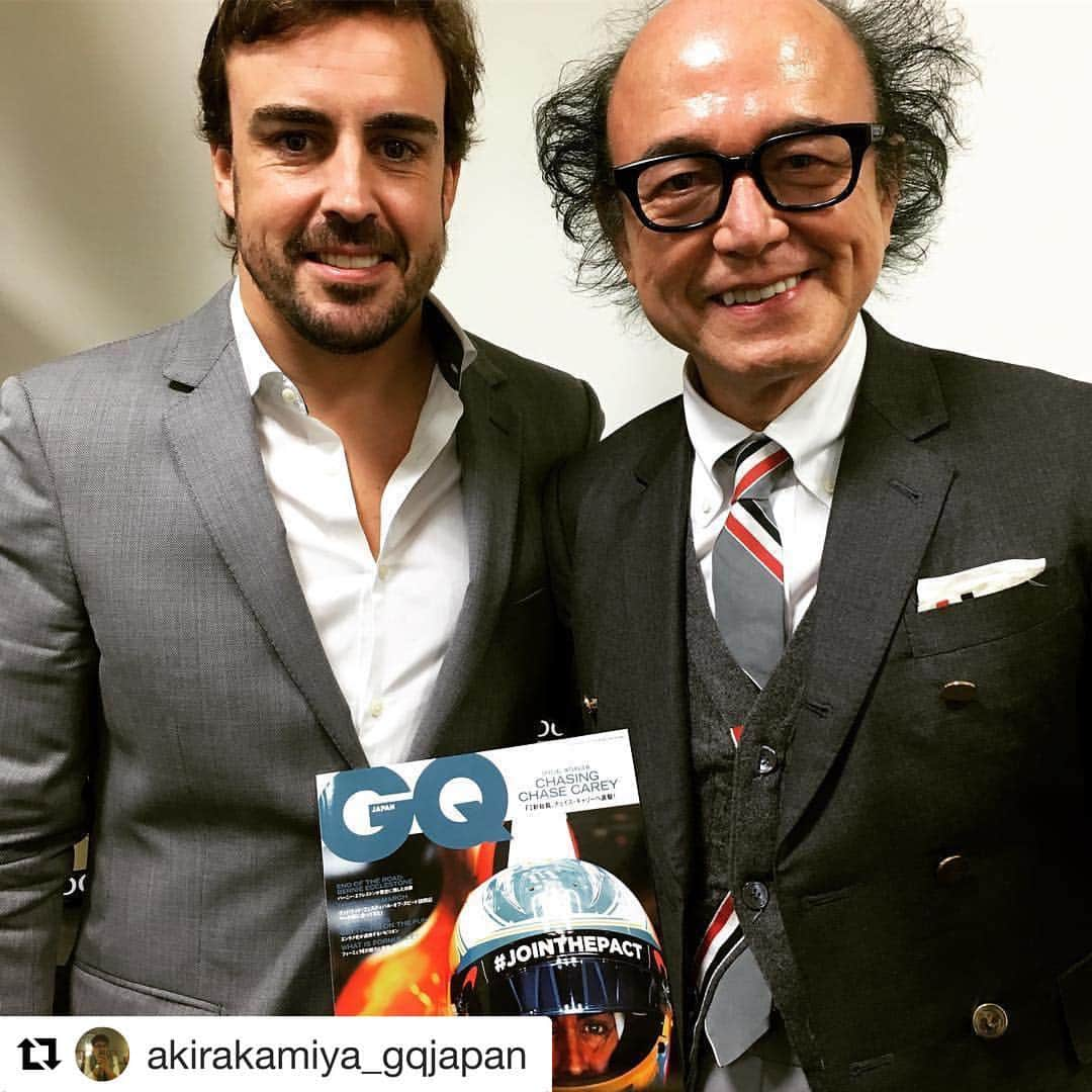 GQ JAPANさんのインスタグラム写真 - (GQ JAPANInstagram)「『GQ JAPAN』鈴木正文編集長が、鈴鹿でフェルナンド・アロンソにインタビュー。11月24日発売のスペシャルページに注目！  #Repost @akirakamiya_gqjapan ・・・ マクラーレン・ホンダF1では、明日が最後の鈴鹿！となりそうなフェルナンド・アロンソ @fernandoalo_oficialにスズキ編集長が単独インタビュー！ 通訳なしにつき、立ち会った編集担当・神谷も内容が楽しみで仕方ないインタビューの模様は、11月24日発売の『GQ JAPAN』 1月号にて！  FernandoAlonso will be on our next month's interview  #gqjapan #gqsuzuki #gqkamiya #マクラーレンホンダ #honda  #ホンダ #フェルナンドアロンソ #FernandoAlonso #F1 #日本グランプリ #鈴鹿サーキット」10月7日 17時48分 - gqjapan