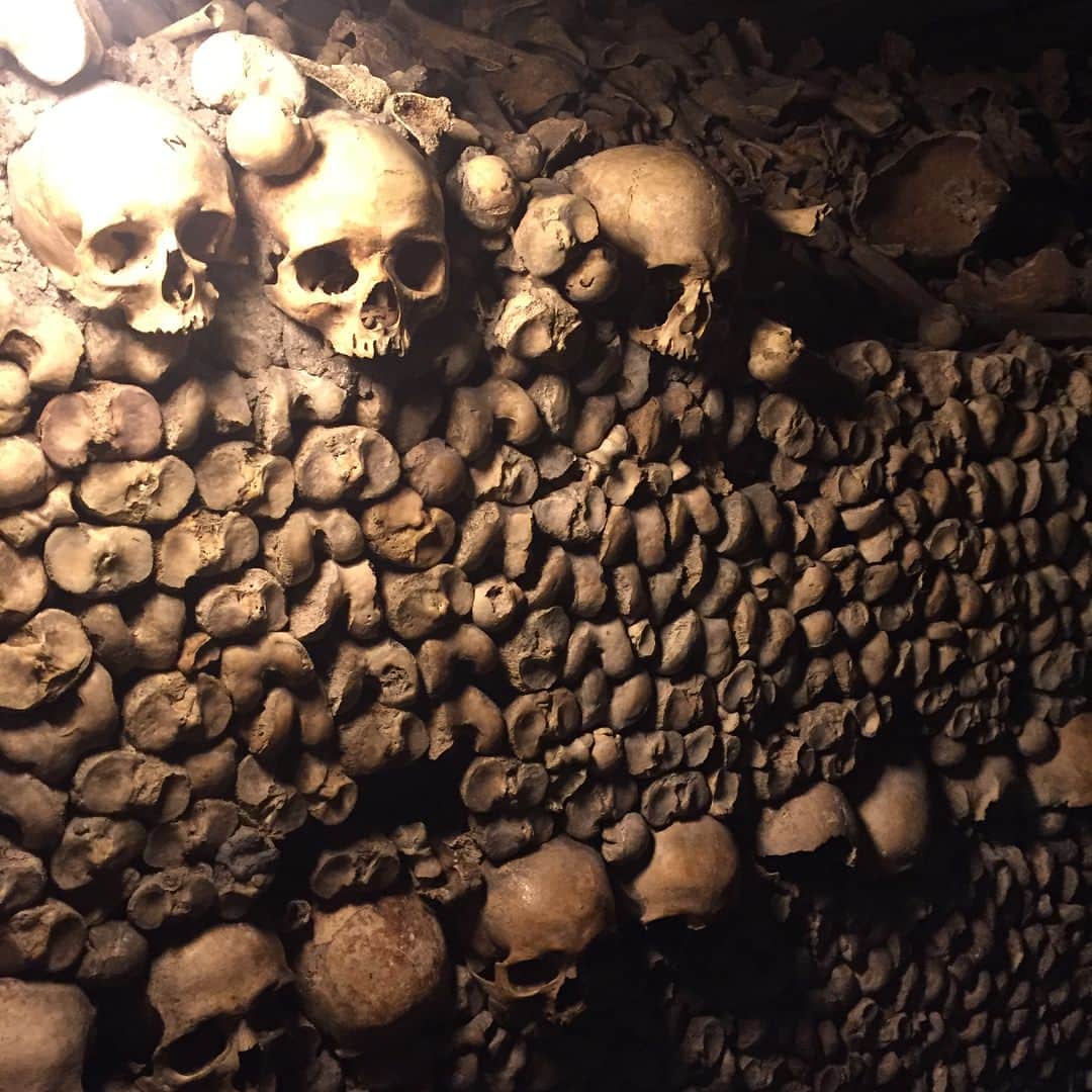 RENAのインスタグラム：「こ、こ、こんな歴史が、こんな所があったとは。。！全部本物です。。写真撮ったものは後でカメラロールからは消去しようと思います。 #遺骨 #歴史 #人間の骨 #パリ What a history, and what a evidence... quite shocking and worth visiting #humanbones #paris #catacombs #history #skeleton」