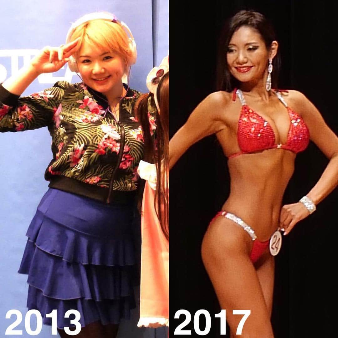 のインスタグラム：「【デブ辞めました】 覚悟を決めれば何でも出来る💪 4年前には夢にも思わなかったフィットネスビキニ大会出場👙 最初はダイエット目的で始めた筋トレ、2年前に秀子先生 @hi.s.y に出会い . 「あやちゃん、何か目標がないと絞れないでしょ?一緒にチャレンジしよう!」の一言がきっかけでした😳 . 自分の身体は自分でしか変えられません❗️変わりたいと思った気持ちを行動にうつせば必ず道は開けます‼️ 新たな目標にチャレンジする私を支えてくれる沢山の人たちへの感謝を常に忘れずに、これからも頑張ります💪😆✨ . #ダイエット #筋トレ #ビフォーアフター #BeforeAfter #BeforeAndAfter #HidekoFitness #谷野ジム #BeforeAndAfter #WorkOut #フィットネスビキニ #BikiniFitness」