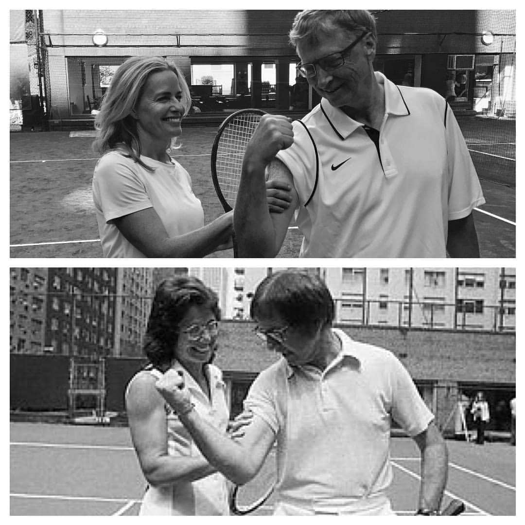 ビル・ゲイツさんのインスタグラム写真 - (ビル・ゲイツInstagram)「I’m a big tennis fan, so when I heard about #BattleoftheSexes, the true story of the 1973 tennis match between Billie Jean King and Bobby Riggs, I couldn’t wait to see it.  The movie was so good, I asked my friend Elisabeth Shue (who plays Bobby Riggs’ wife Priscilla) to recreate this famous photo with me last month at the US Open.  Little known fact: Elisabeth is also an amazing tennis player.」9月27日 23時17分 - thisisbillgates