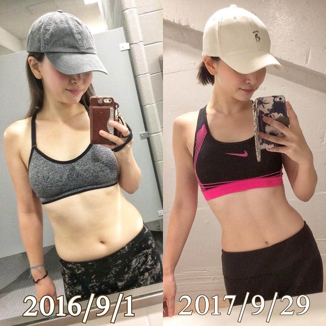 佐々木あさひのインスタグラム：「ちょうど1年前9月の比較🙈 留学中、ルームメイトやホストマザーのご飯が美味しくて実はここまで肥えてました🐷 帰国したら絶対パーソナルトレーニング行こうと決めたのも、帰国に向けて大学のジムに通い出したのもこの時期。見よう見まねでひたすら腹筋やってたけど、この有り様😂 日本に帰ってきて、環境と食生活が戻った事で体重は勝手に落ちたけど、数字だけじゃなくて、やっぱり適切なトレーナーさんのアドバイスや励ましがあったからこそ、留学前よりも自分のカラダが好きになれているのは間違いない‼️ 尻トレの大切さを教えてくれたなりさん @narinari0605 、 姿勢や歪みの知識を伝授してくれた雅哉さん @masa.1127 、 効かせたい所にちゃんと効かせられる感覚や呼吸、憧れるカラダであり続けてくれるのりちゃん @noriko3.25 、 トータルでなりたいカラダに近付けてくれている @blenda_gym の塚田さん、小枝さん、 本当にみなさんのおかげです😌✨ . 職業上、コンプレックスなんてひとつもないと思われてるかもしれないけど、ありますよ、みんなと一緒。 ・ひとりでも応援してくれる人を作ること ・少しの成果でも自分を褒めること ・時間はかかるけど成果が出るまでは絶対に続ける ・完璧を求めない 日に日にトレーニングが楽しく続けられているのは、こんな理由だと思います。YouTubeを続けられているのも同じ理由。 秋冬は毎年太るので、これを覆せればワタシは本物になれる気がする。 #9月も終わるので1年の成果報告 #明後日から10月とか早過ぎる #ご飯が美味し過ぎる #食事制限はしてません #まだまだ変わるよ」
