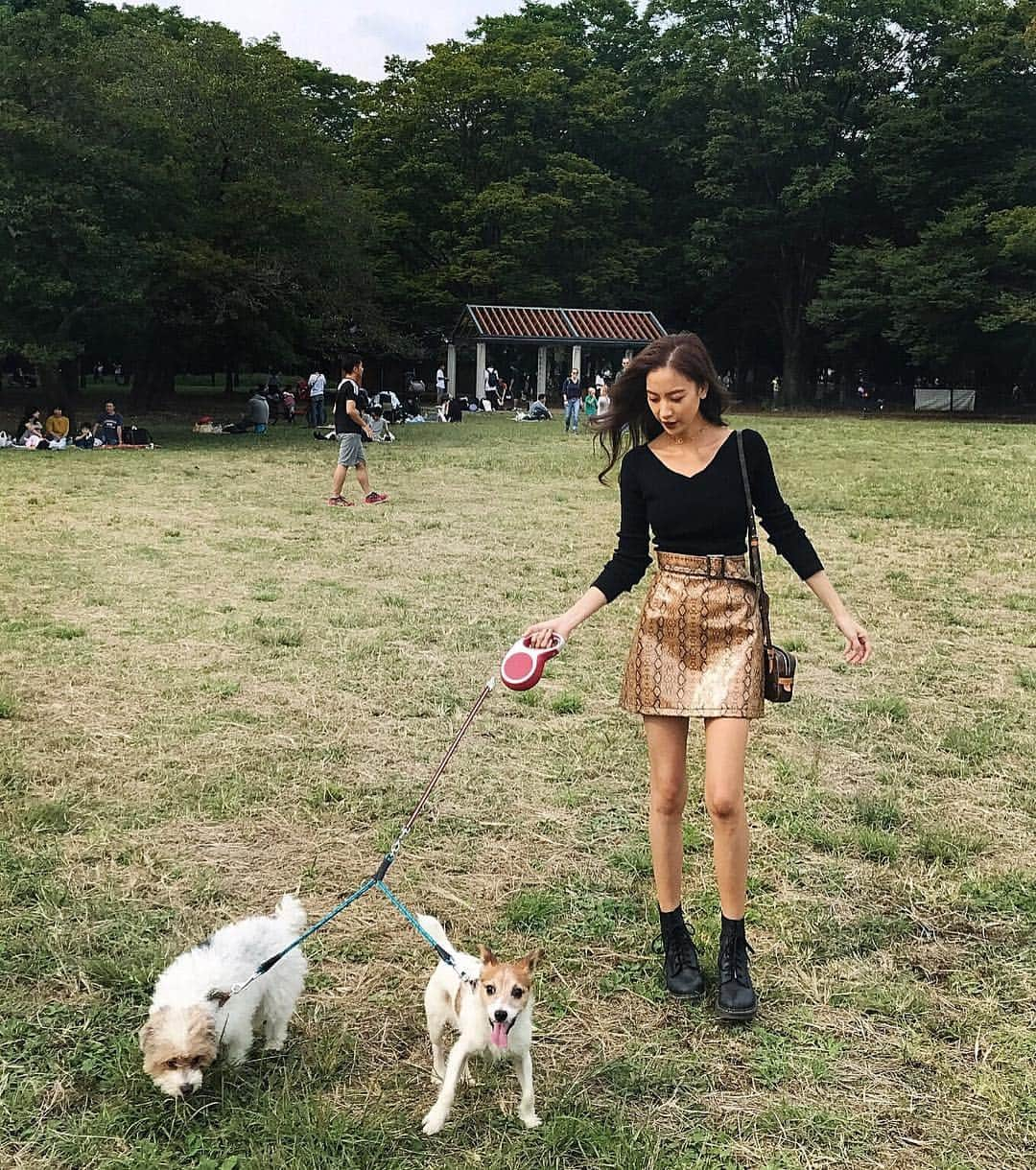 ソンイさんのインスタグラム写真 - (ソンイInstagram)「お散歩が気持ちいい季節だね🍂🌳🐶🐶🐾 トップス : @evris_official  スカート : @murua_official  ブーツ : @drmartensofficial  バッグ : @louisvuitton  チョーカー : @lucid_collection  #一応2匹とも #ジャックラッセルテリア #シュシュポポ🚂 #王道ジャック顔のシュシュも #ジャックらしからぬ顔のポポも #うちの子がジャック界で１番可愛い #親バカ」9月30日 15時21分 - sunwei1013