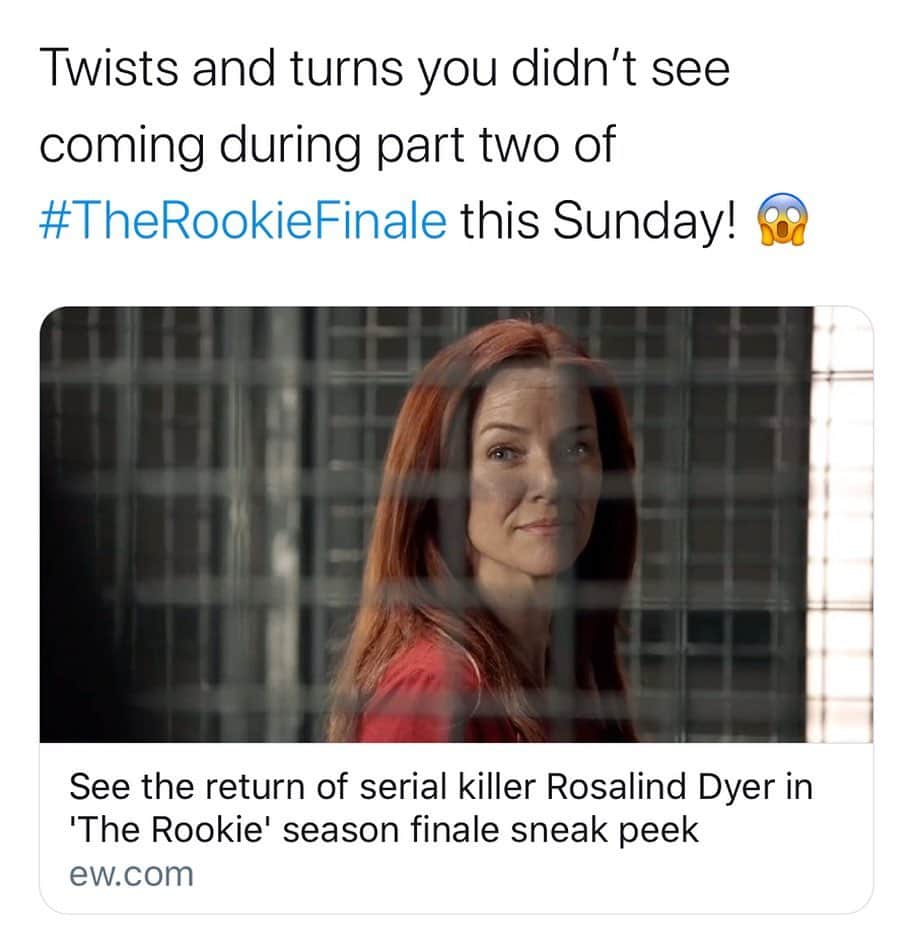 のインスタグラム：「😈🤗😈 @therookieabc Tomorrow night....she’s baaaaaack. #therookie #rosalinddyer」