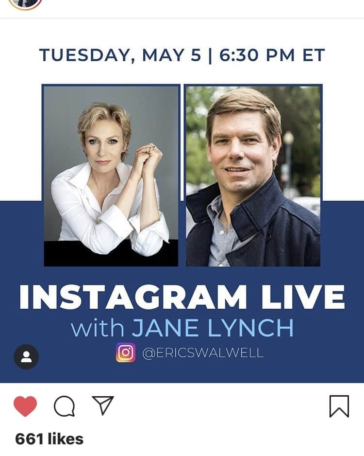 ジェーン・リンチさんのインスタグラム写真 - (ジェーン・リンチInstagram)「I’m on Instagram LIVE in moments with @EricSwalwell ! 330 PT/ 630 ET.」5月6日 7時23分 - janelynchofficial