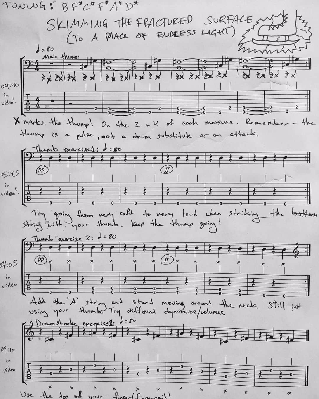 カーキ・キングのインスタグラム：「MASTERCLASS TABLATURE for Skimming the Fractured Surface to a Place of Endless Light!  As promised, here are the tabs and notation for most of the exercises that I went over in the Masterclass video I just posted for “Skimming the Fractured Surface…”, with the time code where each exercise begins in the left margin, just in case you want to skip to that particular point.  Notation + tab is a great way to be able to look at an exercise beat by beat, so please take it as slow as you need to. *** As always, if you're up for sharing what you're working on, please post your own video of yourself playing an excerpt from the song or another song using this technique and tag @kakigram along with the hashtag #KakiMasterclass. I'll watch for your videos and try to share the ones you tag. And check out my Youtube channel for more Masterclass videos! #guitar #girlswithguitars #nevertoolatetolearn #quarantine #masterclass」