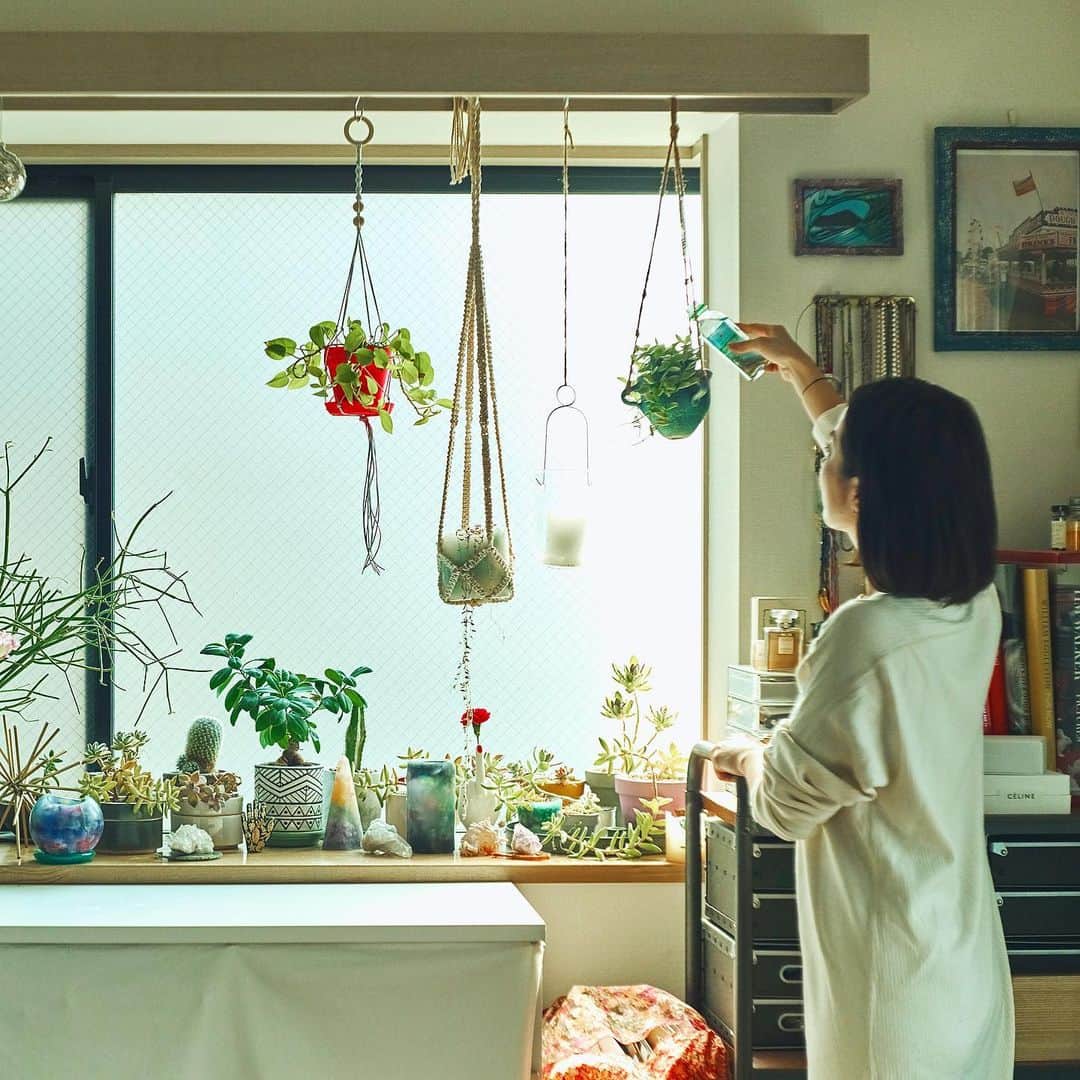 Hanako公式さんのインスタグラム写真 - (Hanako公式Instagram)「センスのいい人に学ぶ、家時間スタイル🚪﻿ ﻿ 📌編集者 荒川由貴子 × グリーンを育てる﻿ 「日々、違った表情を見せる植物たちに癒されています。」﻿ ﻿ 1. 東向きの窓辺。カーテンレールを利用して吊るすインテリアも。﻿ 2. 忙しい時はスーパーの切り花を買うことも。「ブーケも小分けにして飾ると意外とかわいくアレンジできます」﻿ 3. 水やりは小さめのペットボトルで。収納場所もとらず便利。﻿ ﻿ 【Hanako 1184_家での最高の過ごし方発売!!】﻿ #Hanako #Hanako_magazine #stayhome #外出自粛 #おうち時間 #おこもり #ポジティブおこもり #日々の暮らしを楽しむ #丁寧な暮らし #おうちカフェ #コーヒーのある暮らし #おやつの時間 #おうちごはん #部屋作り #シンプルな暮らし #花のある暮らし #グリーンある生活 #photoby_MEGUMI」5月6日 18時25分 - hanako_magazine