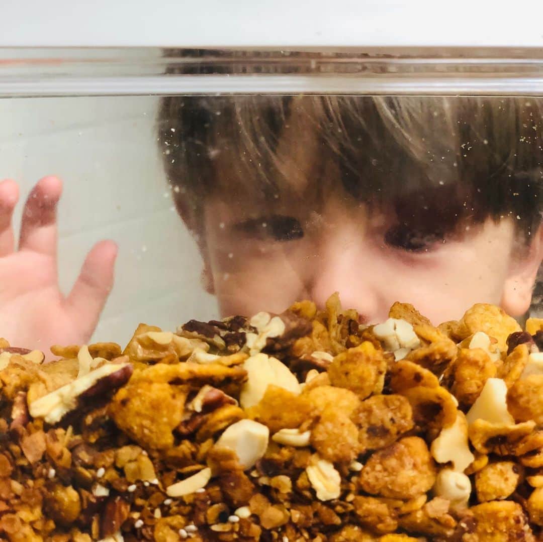 大桑マイミのインスタグラム：「昨日作った🥣グラノーラ　好きなものを好きなバランスで組み合わせられてやっぱり美味しい。　沢山のナッツやらチアシード、カカオニブをＩＮ。豆乳ヨーグルトとにバナナ酢をかけたり 。メイプル　&  macha 今日の朝ごはんにいただきました。 #homemade」