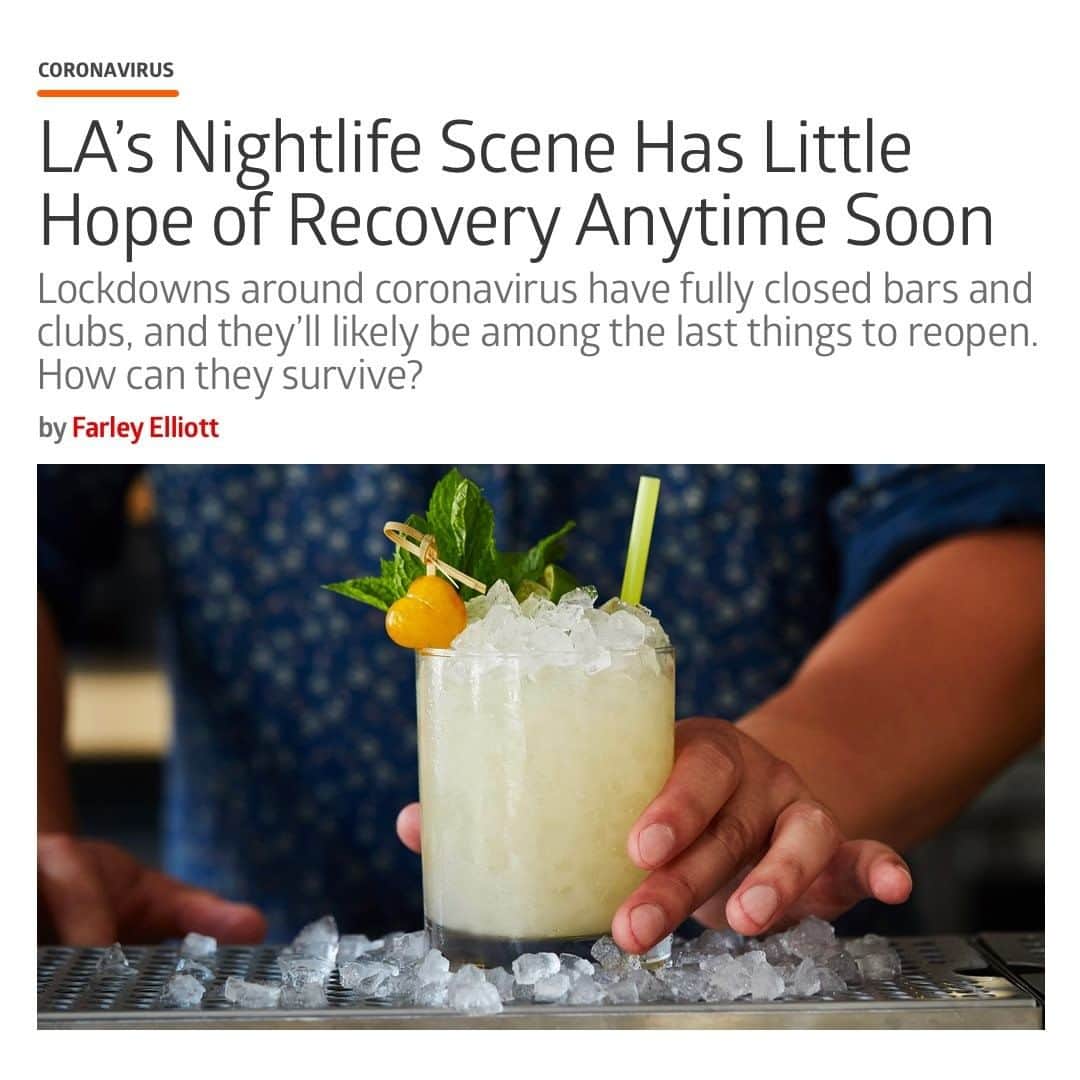 Eater LAさんのインスタグラム写真 - (Eater LAInstagram)「LA is drinking at home more than ever, but bars and nightclubs have been closed since March 15, with no timetable for them to return. While restaurants might have a chance to reopen this month, nightlife establishments have almost no hope of reopening in the near future. Many prominent LA bar and nightclub operators are wondering if things will ever be the same. But these places might be better built for social distancing and slower sales once they are allowed to reopen, as liquor has a longer shelf life than perishable food and bars need fewer workers than restaurants. ⁣ Eater LA senior editor @overoverunder has a full report on the state of LA's once-popular bar scene — link in bio 📸@dylanandjeni」5月7日 4時45分 - eater_la