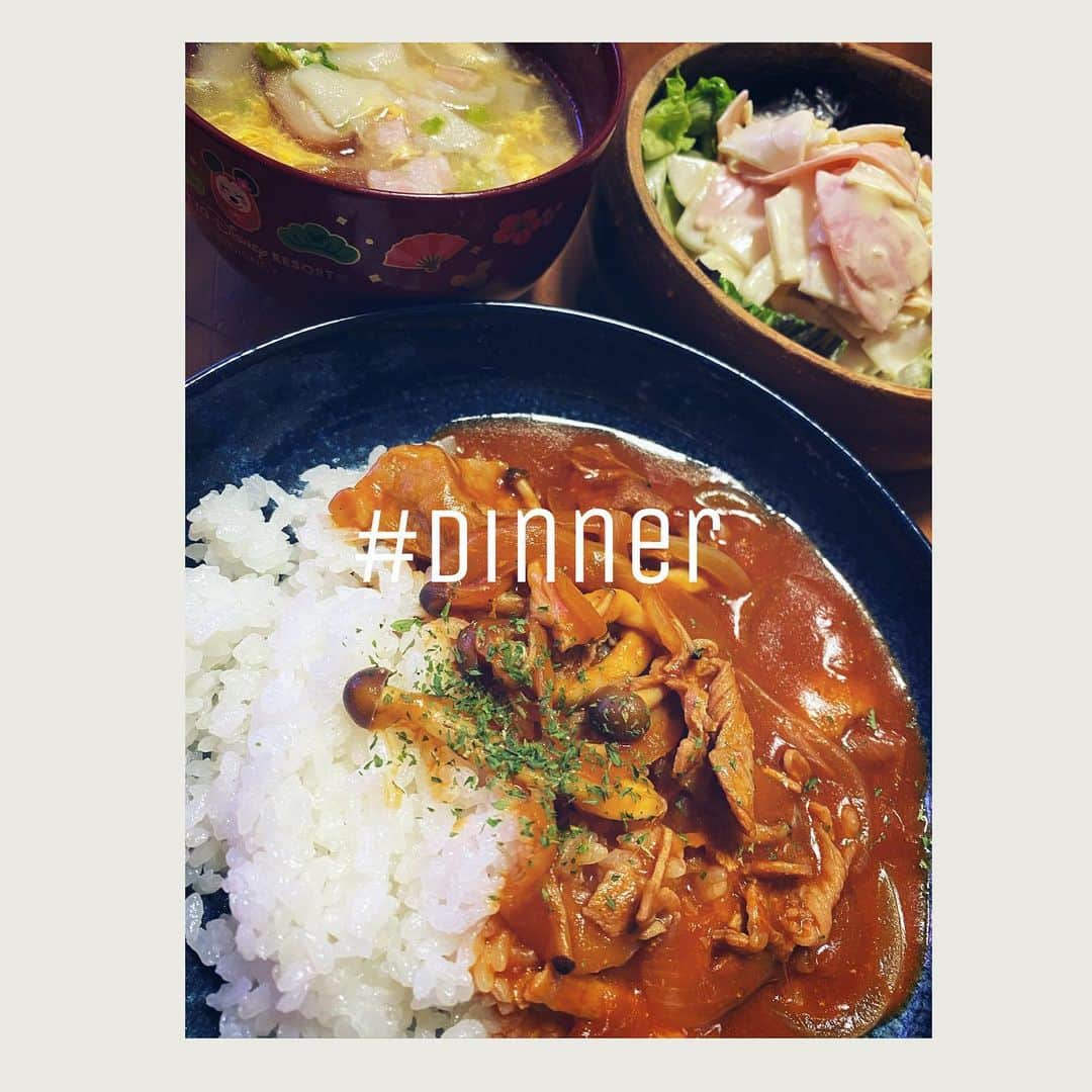 寺崎裕香のインスタグラム：「今夜はハヤシライス〜  かぶとハムのサラダ と 昨日のあまりの餃子の皮でワンタンスープ！  これ好きなんですよー  餃子の皮を短冊切りして、スープに入れるの！ とぅるっとぅるで美味しい💕 出来るだけバラバラにして入れた方がgood! まとめて入れるとくっついて塊になっちゃうので！！ ご飯投稿が続いてる…。笑  だって、1日中ご飯ばっか作ってるんだもん！！笑  他にこんなこと書いて〜！ とかあったら教えて下さい！！！（＾∇＾）」