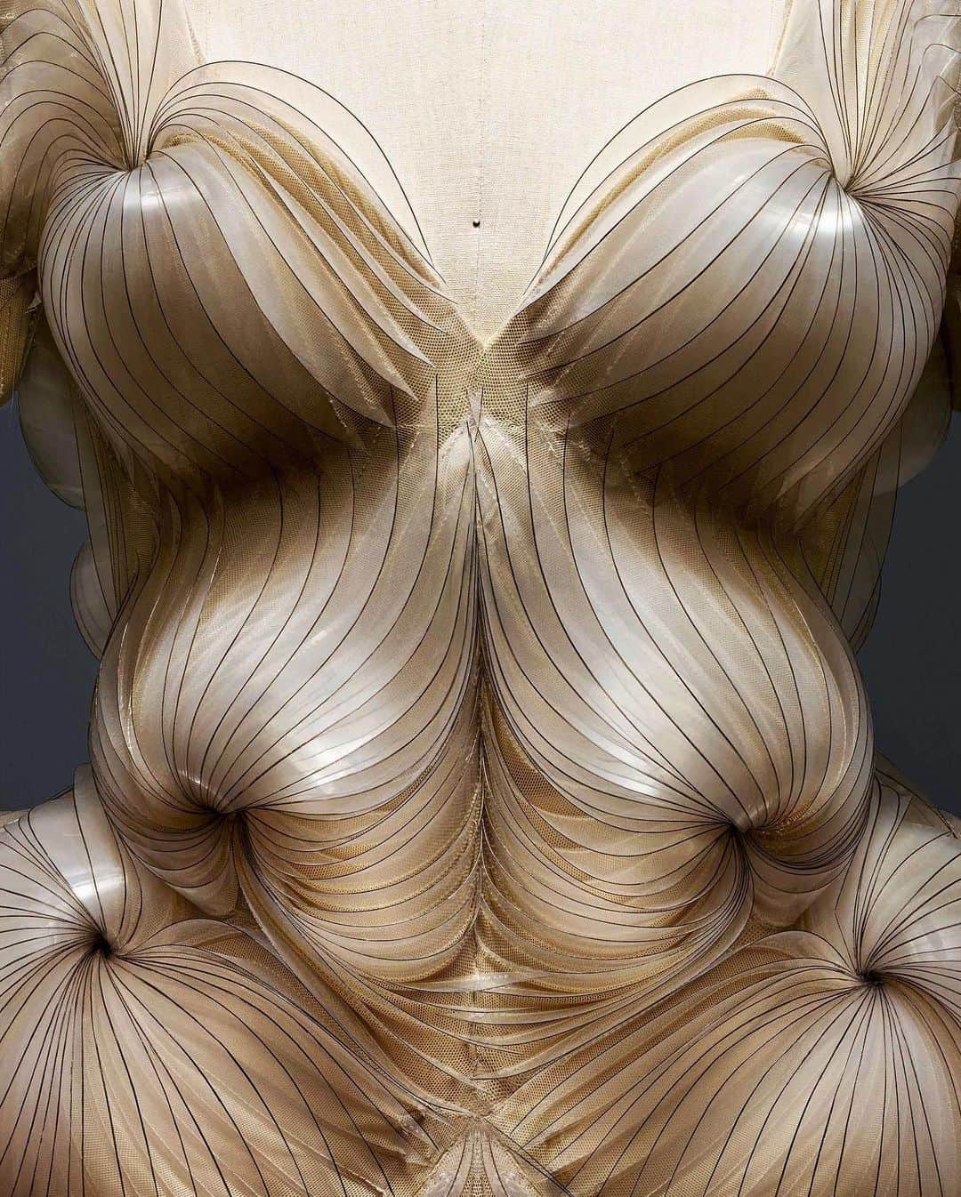 Iris Van Herpeさんのインスタグラム写真 - (Iris Van HerpeInstagram)「‘Craftolution’ ~ Diving into the intricate details and techniques of the Iris van Herpen archive with you.  Look 1: The ‘Micro’ dress (2012) made from beige stretch tulle and transparent sheets that are layered and stitched into 3D shell shapes. Look 2: ‘Magnetic Motion’ dress (2014) made of night-blue lasercut lacquer leather. Look 3: ‘Crystallization’ top and skirt (2010) made from 3D printed white polyamide and leather, in collaboration with Daniel Widrig. Look 4: ‘Hybrid Holism’ strapless dress (2012) made from translucent black pu sheets and cotton. Look 5: ‘Moon’ dress (2013) “grown” with magnetic powder and magnets in collaboration with @JolanvanderWiel. These looks were exhibited at the @MetMuseum @MetCostumeInstitute as part of the Manus X Machina show, 2016 and lensed magnificently by @NicholasAlanCope for the beautiful Manus X Machina Exhibition book.  #irisvanherpen #couture #metgala #manusxmachina #metmuseum」5月7日 0時06分 - irisvanherpen