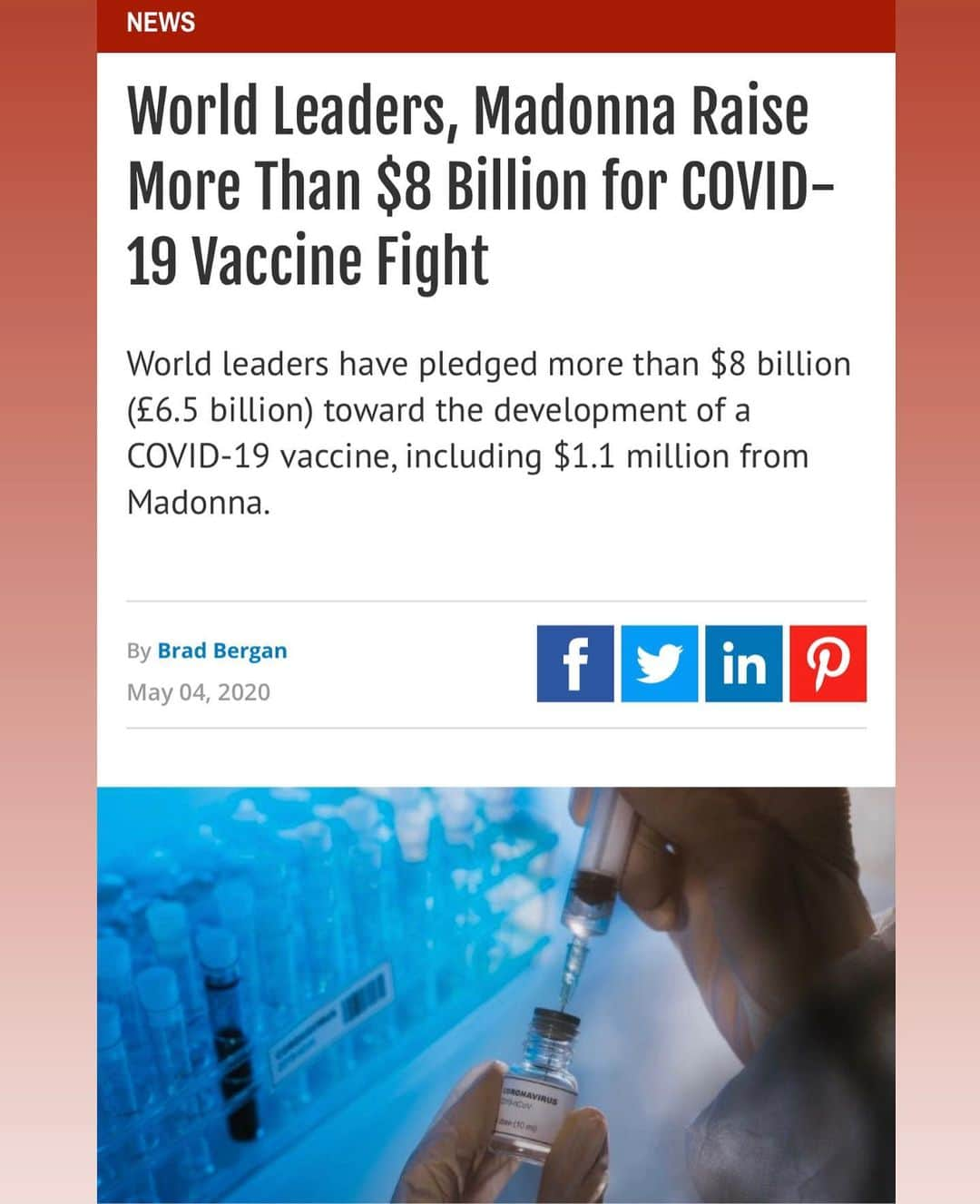 マドンナさんのインスタグラム写真 - (マドンナInstagram)「Im Grateful that I can be a part of supporting Research to Find the cure for Covid -19!! 🙏🏼 And just to clear things up for people who would rather believe sensationalist headlines than do their own research about the nature of this virus— I am not currently sick. When you test positive for anti-bodies it means you HAD the virus which I. clearly did as I was  sick at the end of my tour in Paris over 7 weeks ago along with many other artists in my show but at the time  We  all thought we had a very bad flu.  Thank God we are all healthy and well now. Hope that clears  things up for the band wagon jumpers!! Knowledge is Power! #covid19」5月7日 2時18分 - madonna