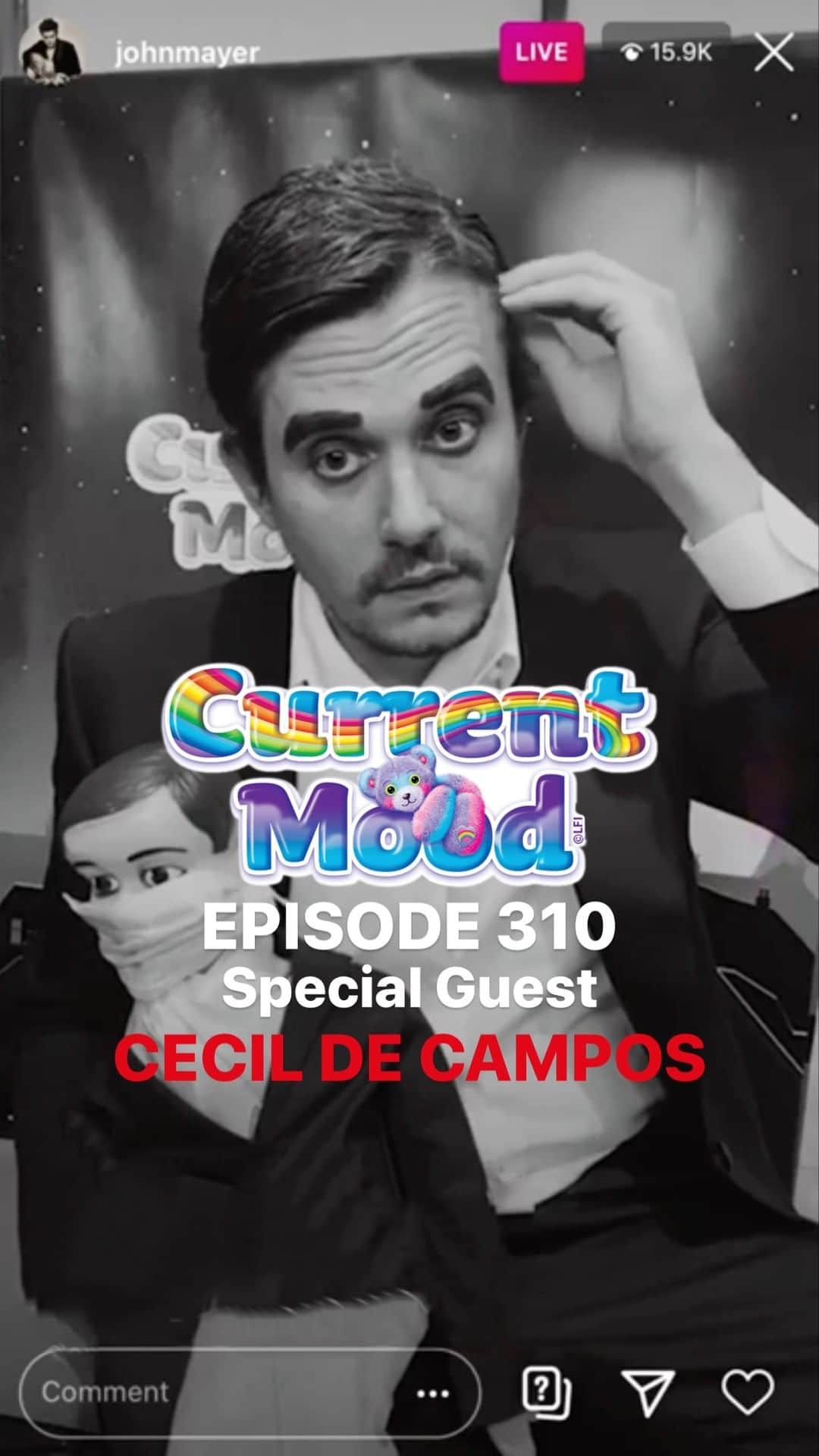 ジョン・メイヤーのインスタグラム：「Sometimes when life gets weird, you have to get weird back. Featuring the dynamite ventriloquist act of John and pint-sized partner Cecil De Campos. 45 minutes, black and white.」