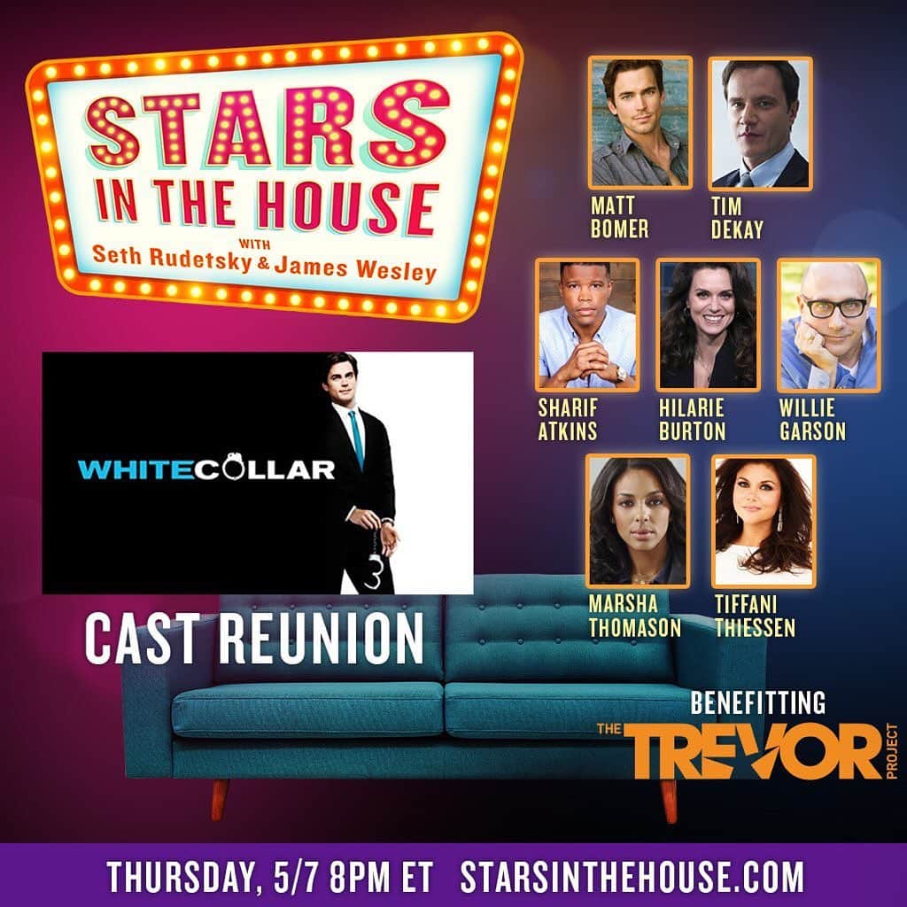 マーシャ・トマソンのインスタグラム：「Join us for a White Collar cast reunion TONIGHT  at 8PM EST/5PM PST on @starsinthehouse. All proceeds benefit the @trevorproject.」