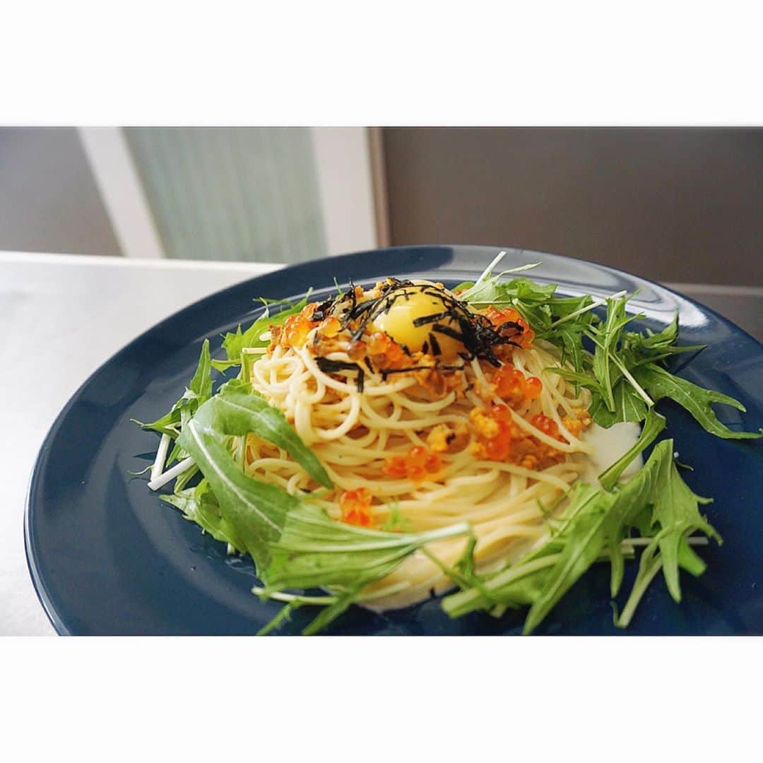 乙黒えりのインスタグラム：「いくらとウニの豆乳クリームパスタ 以前お土産でいただいたウニを解凍したので、外食風にパスタにしました。 別名　プリン体パスタだね😂 たまにはね！卵×卵×卵🥚😜 蒟蒻入りパスタがゆる菌ケア★ <レシピ>二人分 *豆乳　100ml *コンソメ顆粒　5g *瓶詰めウニ　大さじ2 *バター　10g パスタ　2束 水菜　適量 いくら　お好みで ①*印のものを鍋に入れ沸騰しない程度に温めて 混ぜます。(瓶詰めウニはものによって塩分が違うので味見しながら足りなければ塩で味付けしてください) ②茹でたパスタを絡めて最後に水菜といくらとのりと卵黄のせます 一応パスタは蒟蒻入りパスタです(笑) #無駄な抵抗 #いくら　#ウニパスタ #豆乳クリームパスタ #おうち時間 #おうちランチ #おうちごはん #ikea皿」