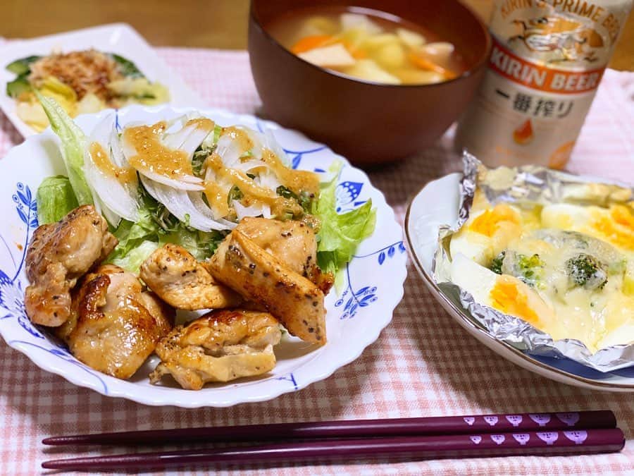 岩間恵のインスタグラム：「最近のおうちごはん。  料理上手くなりたいなぁ〜  #常に置いてあるキリンビール #芳醇美味しい #毎日一杯のビールは #身体に良いって本当かな 🤔？笑」