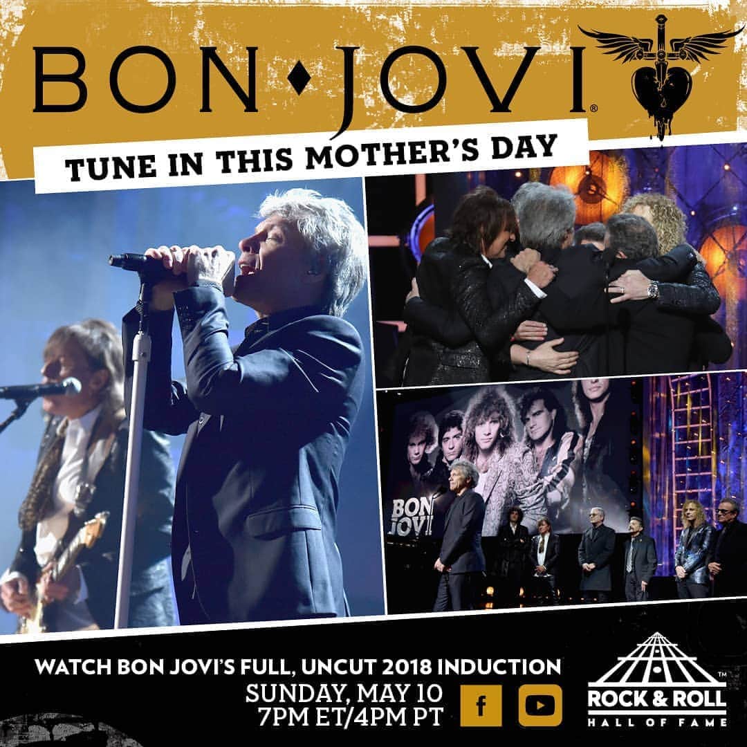 Bon Joviさんのインスタグラム写真 - (Bon JoviInstagram)「We've teamed up with @rockhall to make this Mother's Day more special for moms and families across the globe - tune in Sunday at 7pm ET for a special premiere of the full, uncut footage featuring our induction into the Hall of Fame. You'll see all speeches and performances in a streaming event on Facebook and Youtube. And bonus: @davidbryanmusic will share a special video greeting to kick off the night's event, so share a message for your mom using #Message4Mom and David may read it in his welcome.」5月8日 2時18分 - bonjovi