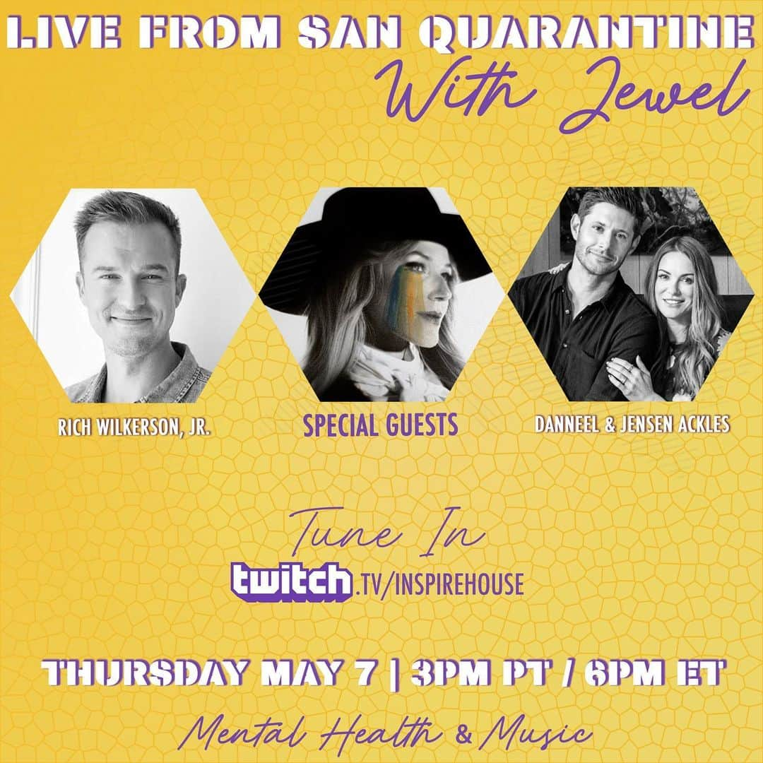 ダニール・ハリスのインスタグラム：「TUNE IN TODAY  for Mental Health + Music 👍Thursday, May 7th at 3 p.m. PST/ 6 p.m. EST on the  INSPIREHOUSE @twitch Channel. @JensenAckles and I will be joining singer-songwriter @jewel for a chat on mental health, stories & music on twitch.tv/inspirehouse 💛After the show, they will have LIVE performances from many upcoming artists so make sure you tune in on INSPIREHOUSE on #Twitch!! #LiveFromSanQuarantine #livemusic #danneelackles #jensenackles #jewel #jewelneverbroken #mentalhealth #twitch #supernatural #LinkInMyBio」