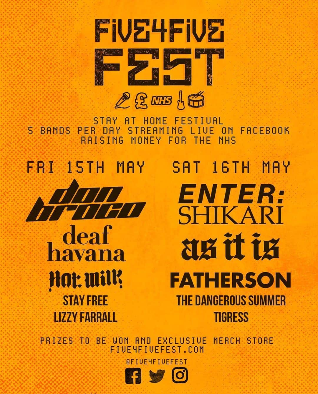 Don Brocoのインスタグラム：「Full @five4fivefest lineup announced today! @deafhavana @hotmilkhotmilk @thisisstayfree @lizzyfarrall all joining us next Friday then @entershikari & the gang Saturday 🙌 Live broadcast at the Five4Five Facebook & five4fivefest.com, all donations going to @nhscharitiestogether ❤️」