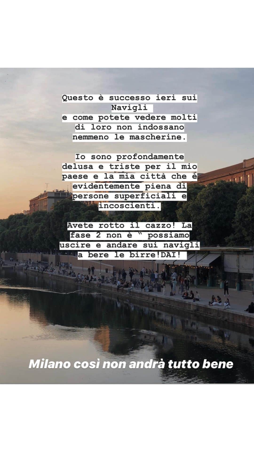 エレオノーラ・カリシのインスタグラム：「Ho deciso di postare il video delle mie stories riguardo alla foto che ho ricevuto ieri sera che raccoglie la testimonianza di ciò che è successo, sempre nella giornata di ieri, in quella che oggi considero casa mia :  #Milano . Non potendo rispostare tutti i vostri messaggi privati che mi hanno rapito il cuore, penso sia importante che anche pubblicamente, attaverso i #commenti, possiate far leggere le vostre storie e  aprire un dibattito per sensibilizzare chi vi sta intorno esortandolo ad un comportamento meno superficiale e più riguardoso nei confronti di tutti, ma soprattutto nei confronti di coloro che negli ultimi tre mesi hanno fatto dei sacrifici che non possiamo neppure immaginare o che hanno perso i loro cari senza poter neppure dirgli addio. Questa situazione non può essere impunita perchè oggettivamente sbagliata. ⠀  Dobbiamo essere delle persone migliori e non buttare invano tutto il lavoro fatto per ridarci prima o poi una normalità persa e di nuovo vivibile per ricominciare : insieme. Non è facile per nessuno, tutti vogliamo sentire il vento tra i capelli e vedere i tramonti di questa Primavera ma il comportamento di alcuni è inaccettabile. Non possiamo in questa #Fase2 fare tutto ciò che vogliamo. Pensateci. ⠀  Ricondividete e parlate della situazione, non facciamo finta di niente! #Iorestoacasa」
