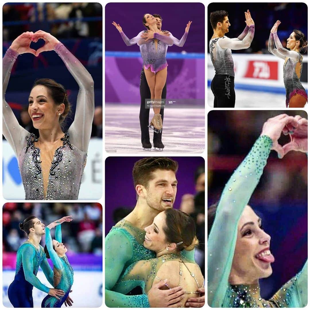 ニコーレ・デラ・モニカのインスタグラム：「Questa stagione è troppo importante per essere divisa in due post quindi ho fatto un collage che riassume al meglio tutte le emozioni del 2018! Le Olimpiadi in Corea e i mondiali a Milano!  PS notare che il costume dello short era perfettamente in tinta con i colori della pista Olimpica 🤩  Costumi particolari, anche questi opera di @claudia_blulight ,che hanno lasciato un segno indelebile nei nostri ricordi e in quelli dei nostri fan 💜💙 #dellamonicaguarise #figureskating #costume #art #love #fbf #memories  #smile」
