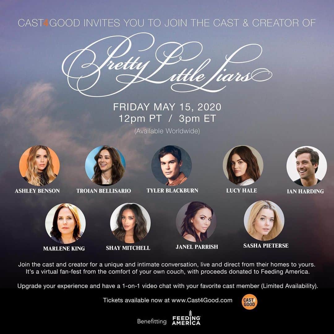 アシュレイ・ベンソンのインスタグラム：「So excited to be a part of the #Cast4Good live online Cast Chat alongside my #PrettyLittleLiars castmates next Friday, May 15 at 3pm ET / 12pm PT.  Can’t wait to see all you guys online – we’ll be answering your questions and talking all things PLL. Proceeds go to #FeedingAmerica who is doing amazing work during the current crisis.  So go get your tickets now at www.Cast4Good.com and join us for a great time as we support a great cause.  And don’t forget to upgrade to the Virtual VIP package if you want the chance to personally video chat with me 1-on-1.  #PrettyLittleLiars #Cast4Good #Cast4GoodCastChat #CastChat #VirtualVIP #FeedingAmerica @Cast4Good @FeedingAmerica @PrettyLittleLiars」